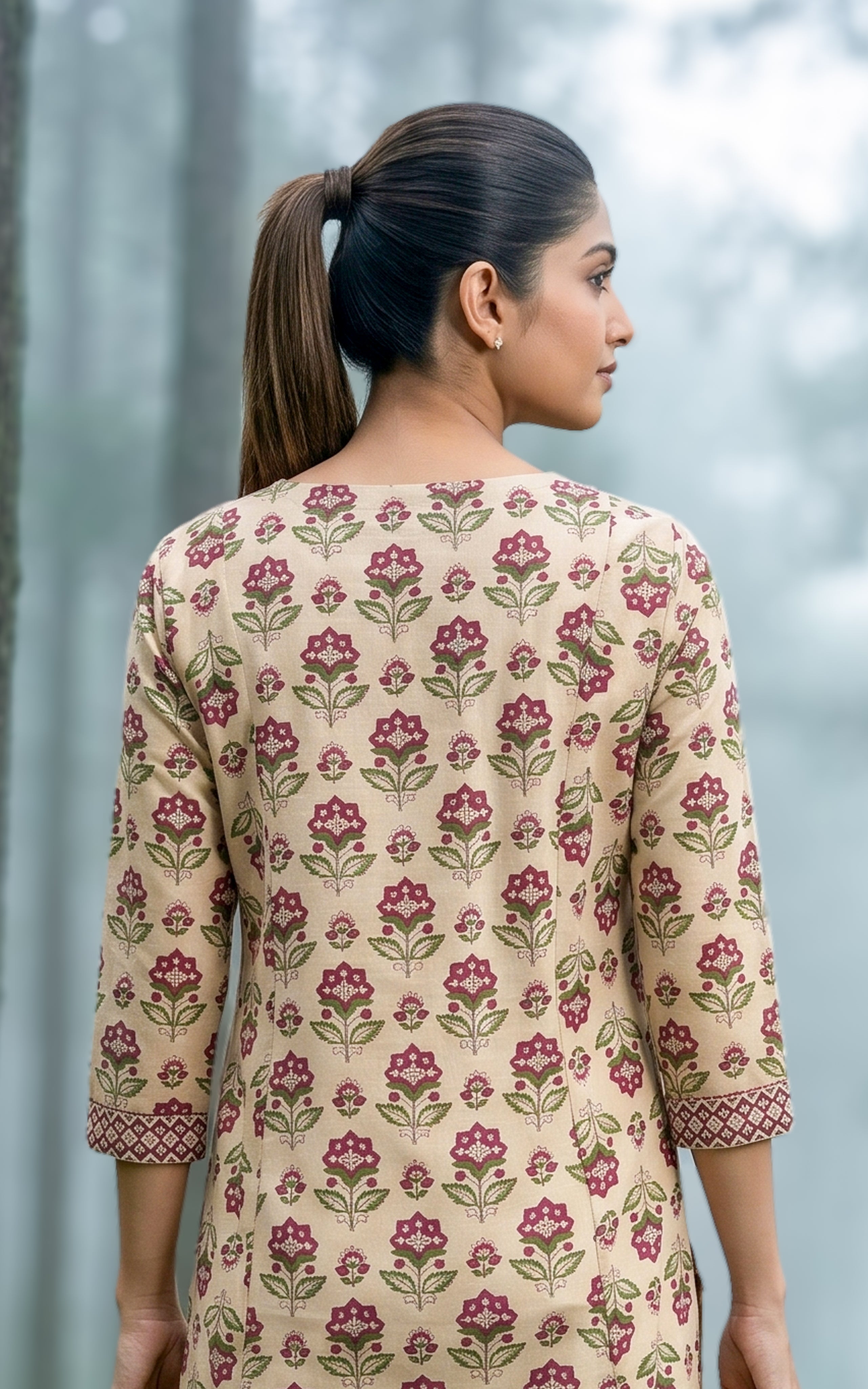 Instore - Beige Printed Cotton Straight Cut Kurti with Side Slit, Straight Pant with Side Pocket & Cotton Dupatta, No Lining