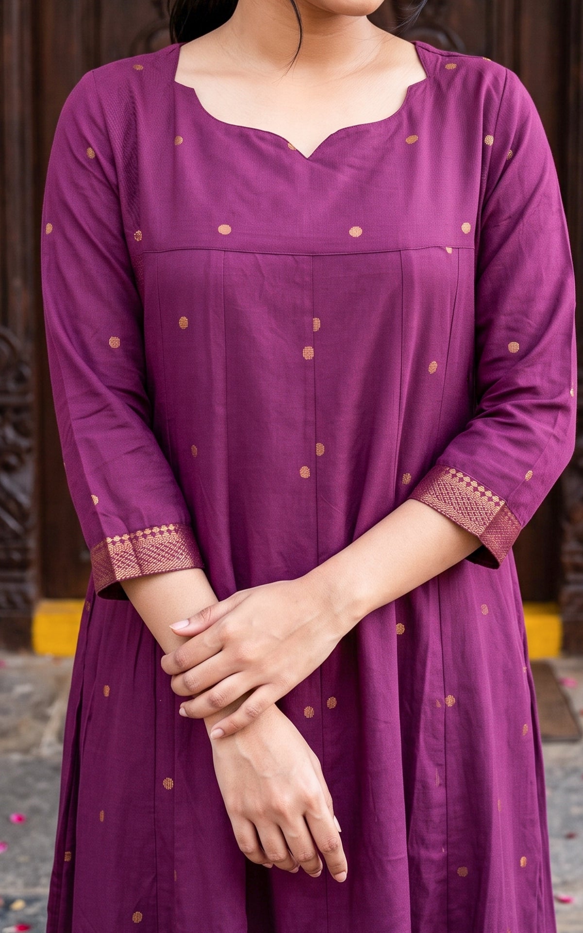 Plum Cotton Festive Wear Anarkali Kurti with Dupatta for Women