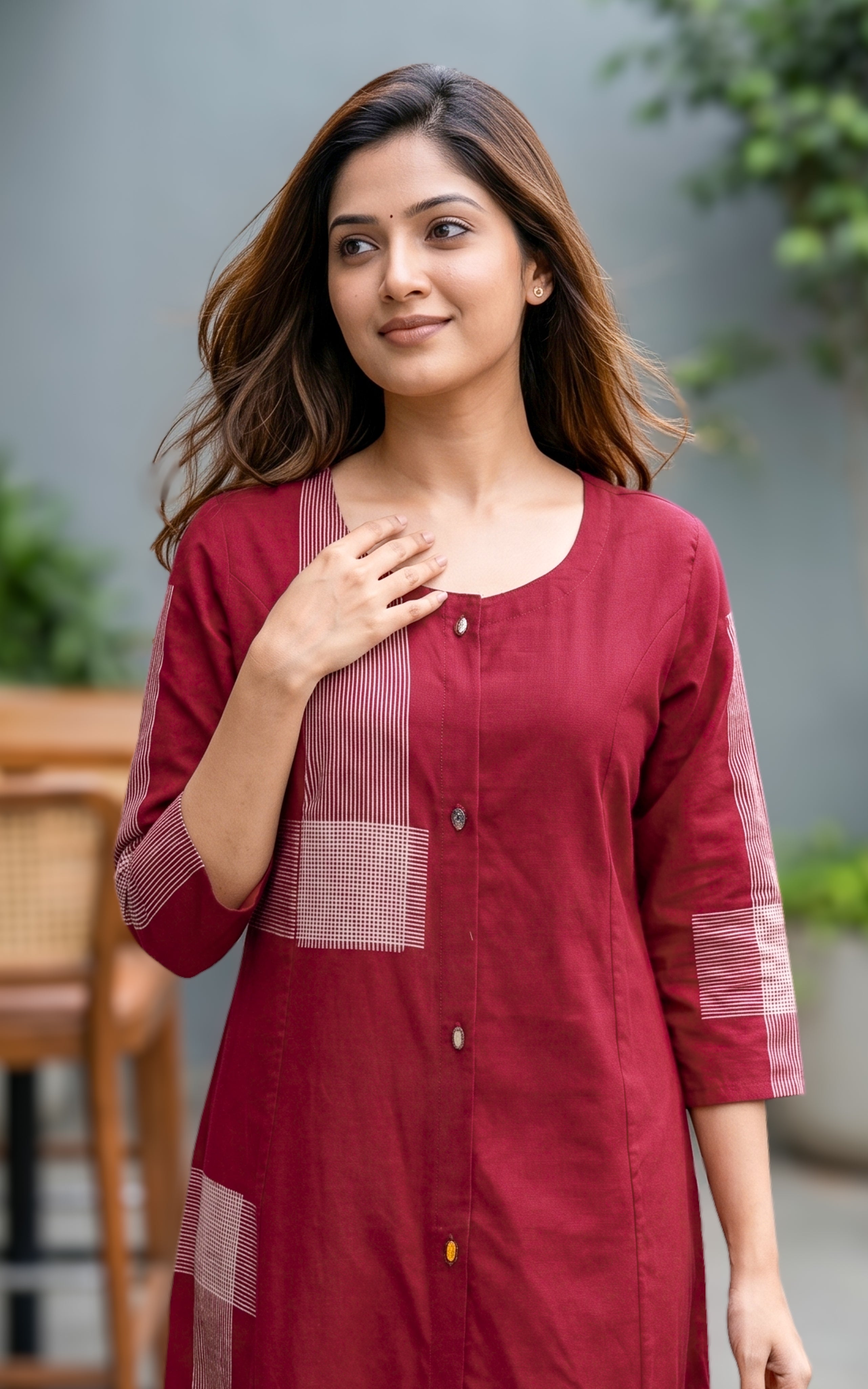 Maroon cotton kurti with mirror embroidery for women