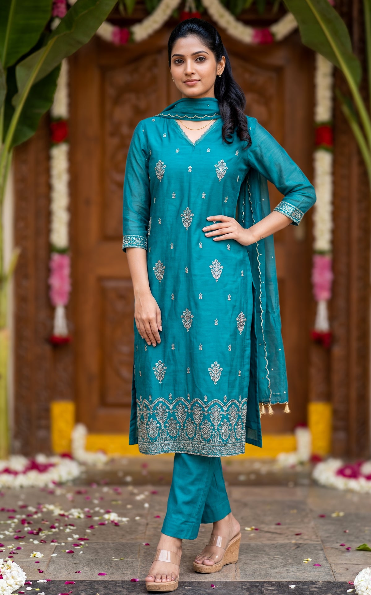 Blue Chanderi Festive Collection Kurti Set for Women