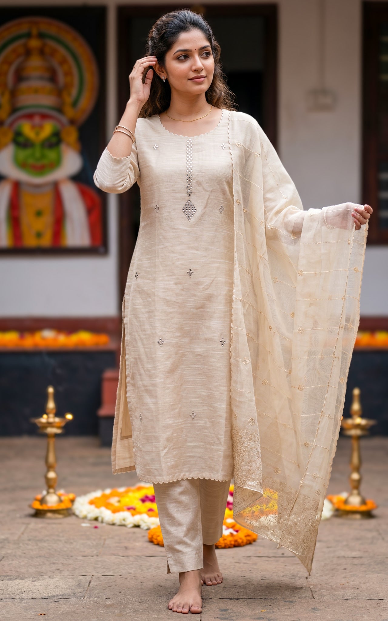 Beige Chanderi Onam Festive Wear Kurti Set for Women