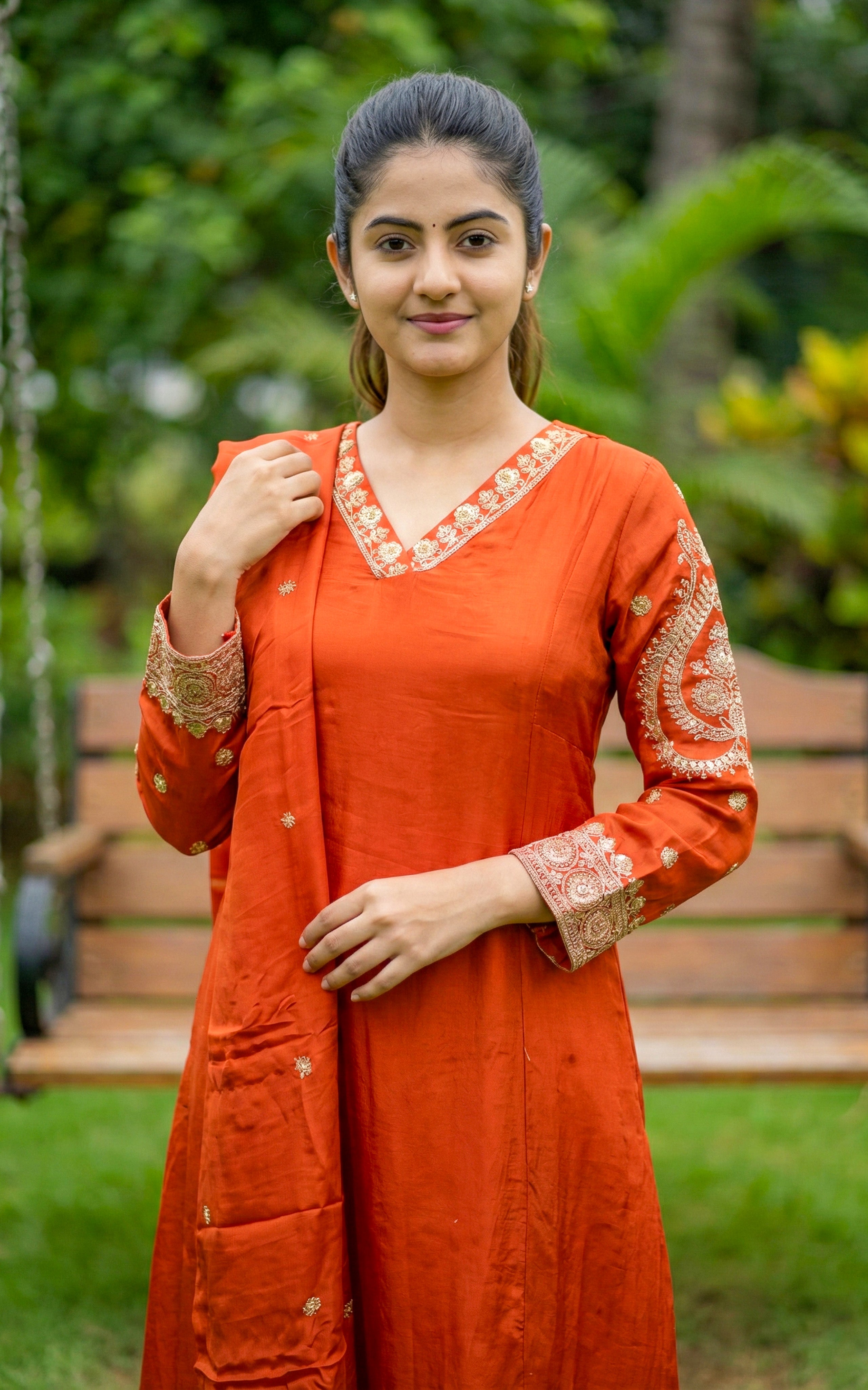 Instore - Orange Art Silk V Neck Sequence Embroidery Aline Kurti with Side Slit & One Side Pocket with Art Silk Dupatta