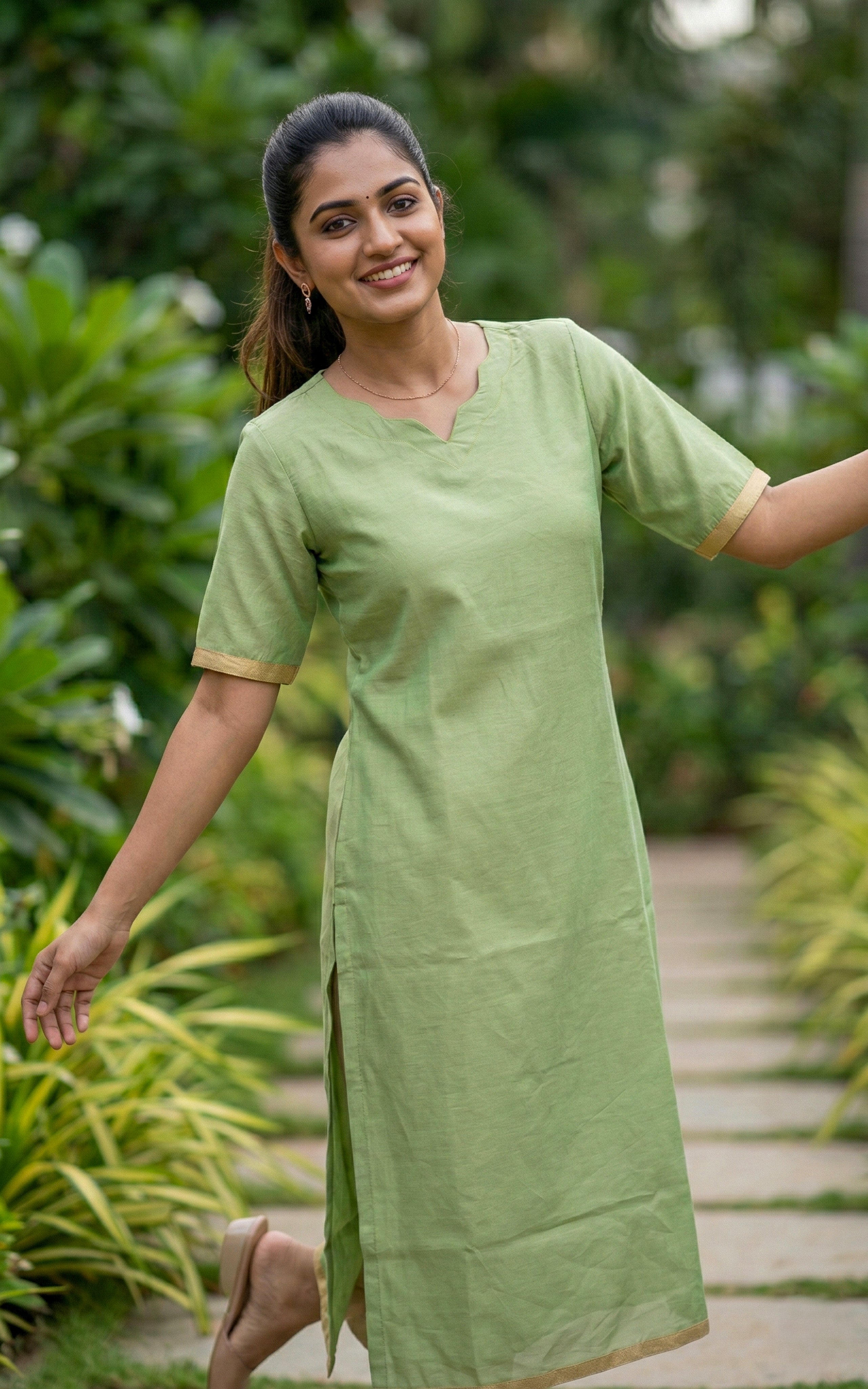 Stylish Pista Green Silk Cotton Kurti with Side Slit