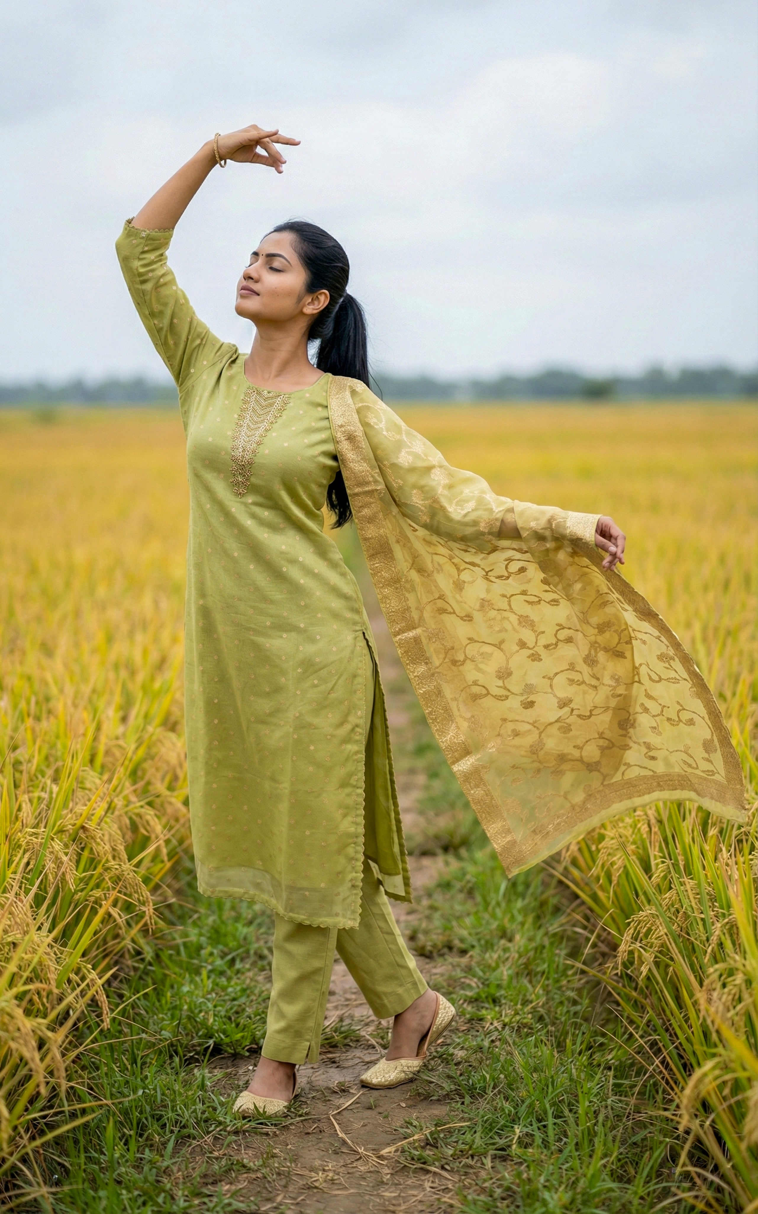 Instore - Pista Green Chanderi Straight Cut Kurti, Embroidery Neckline with Sequins Work & Pant One Side Pocket & Dupatta