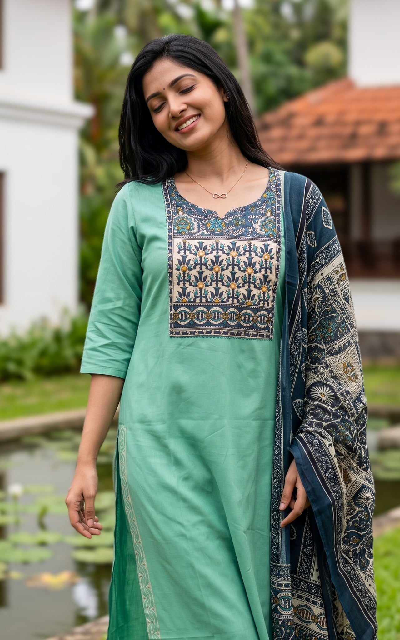 Ranvika Mint Green Handblock (Kurti+Pant+Dupatta)