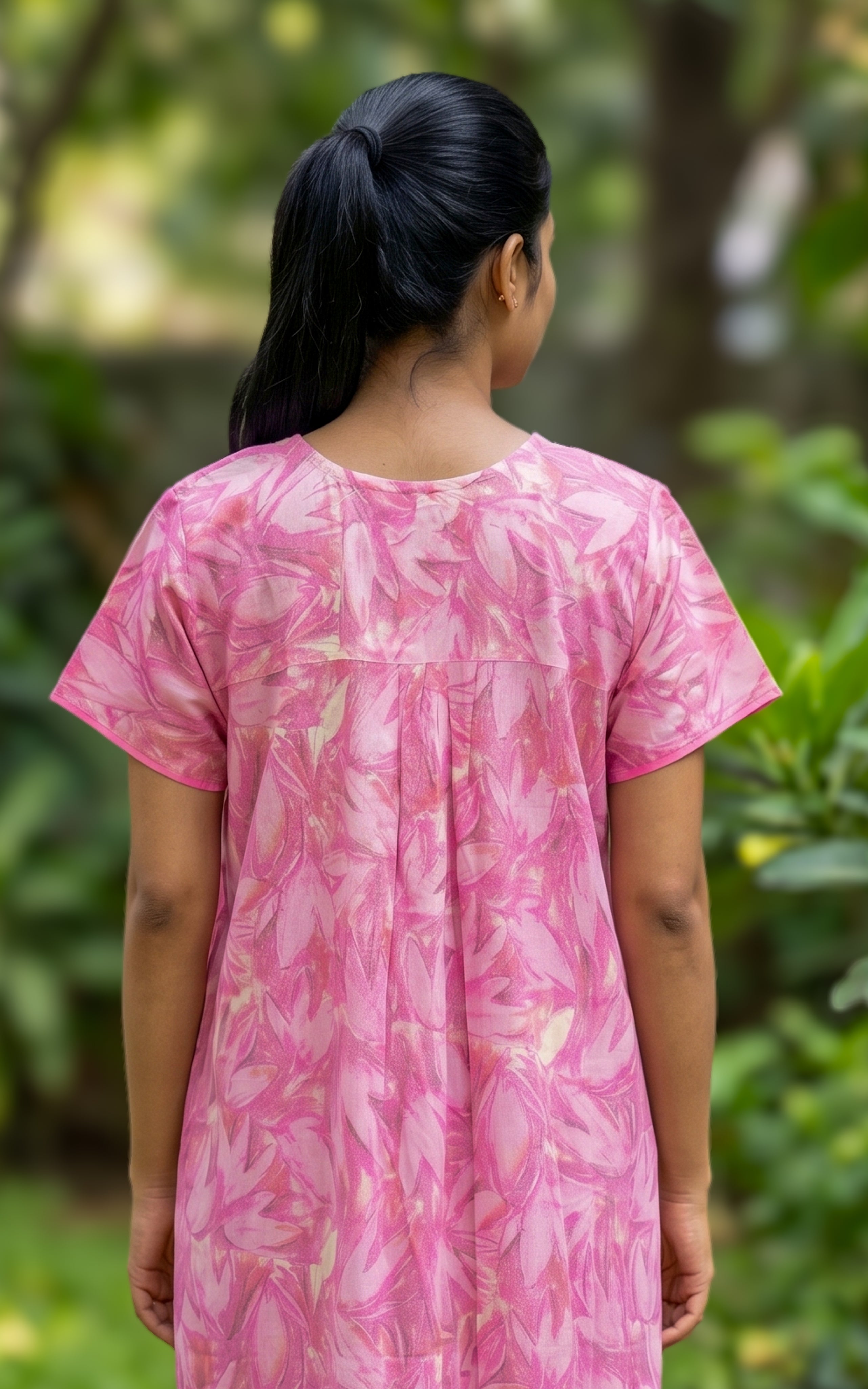 Instore - Pink Leaf Print Cotton Long Nighty with Side Pocket, Relaxed Fit, Women's Sleepwear