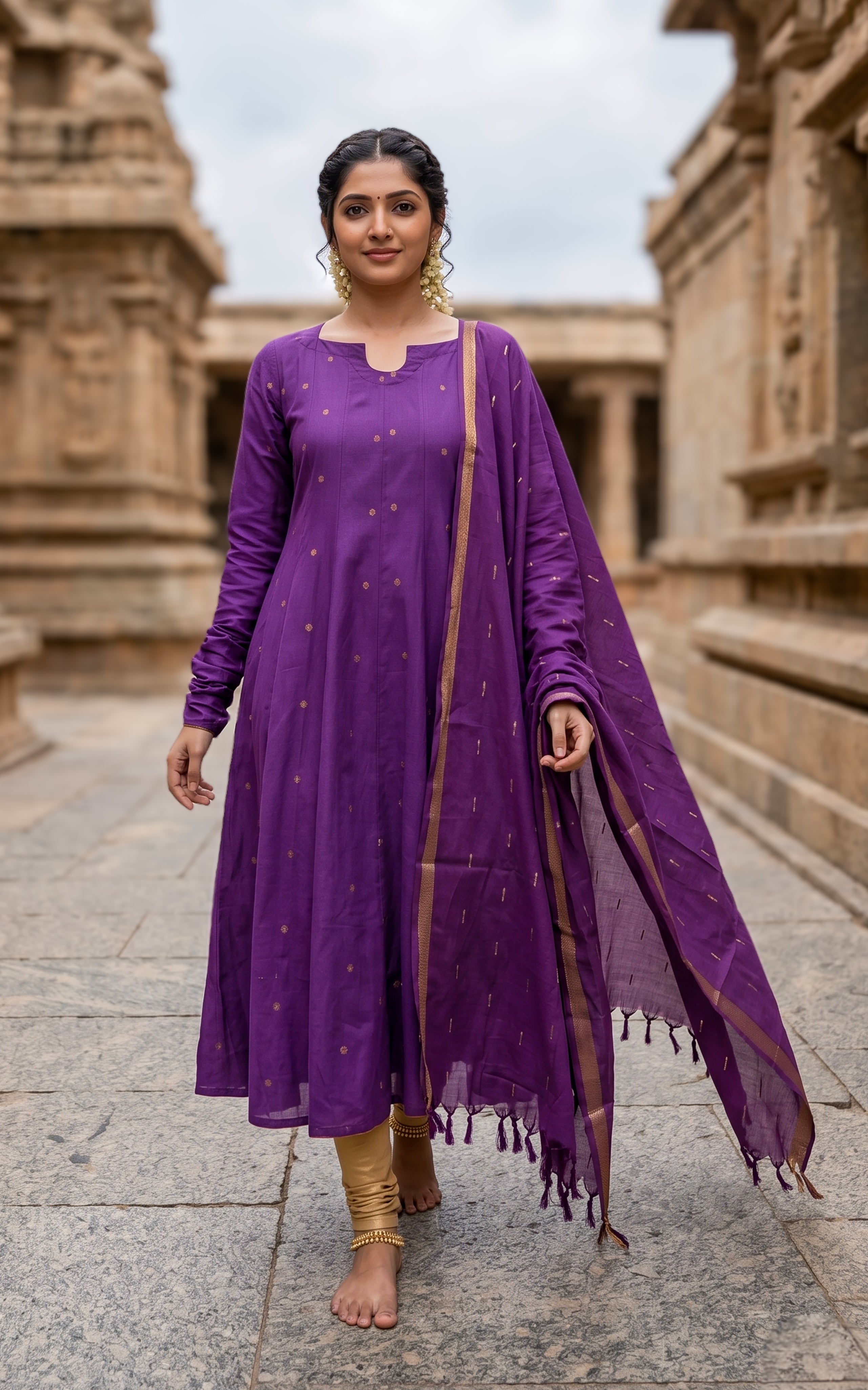 Instore – Violet Anudeepthi Anarkali Kurti with Dupatta for Women – Cotton – Gathered Sleeve – Festive Ethnic Wear