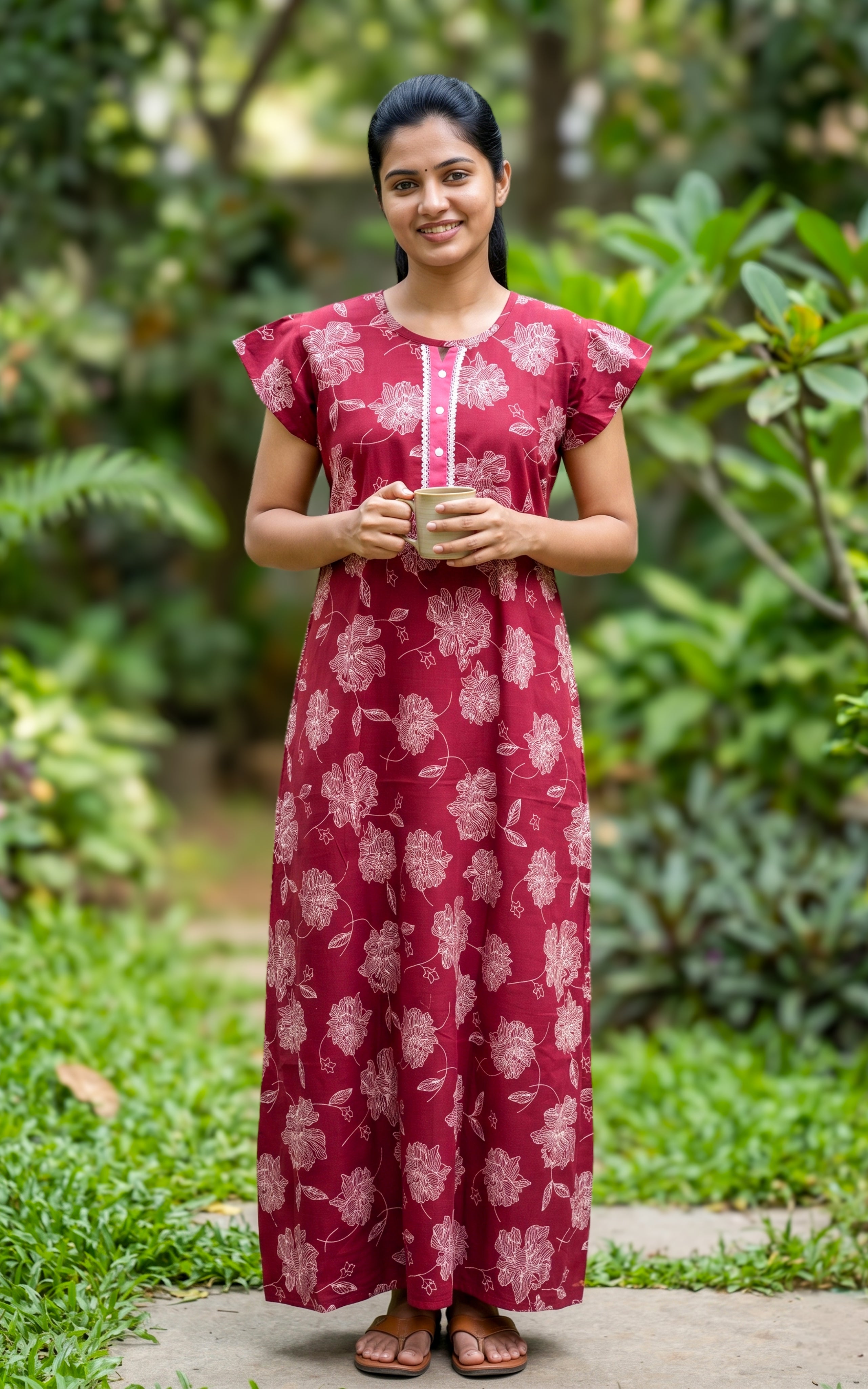 Instore - Red Floral Print Cotton Long Nighty with Button Placket, Side Pocket, Relaxed Fit, Women's Sleepwear