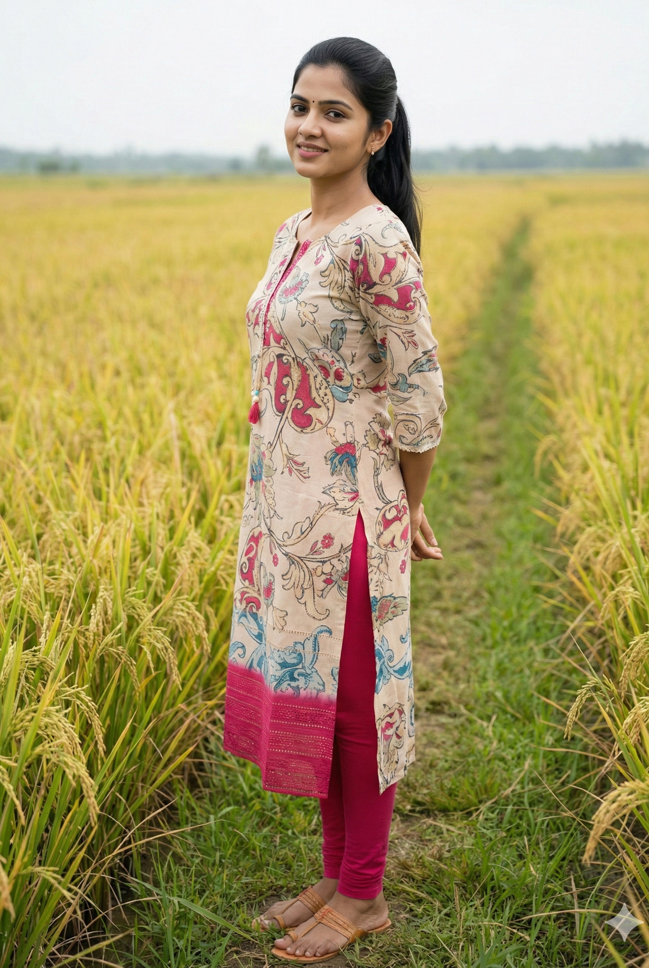 Instore - Beige Cotton Straight Cut Kurti with Featuring Side Slit Crochet Lace Detailing with Cotton Lining