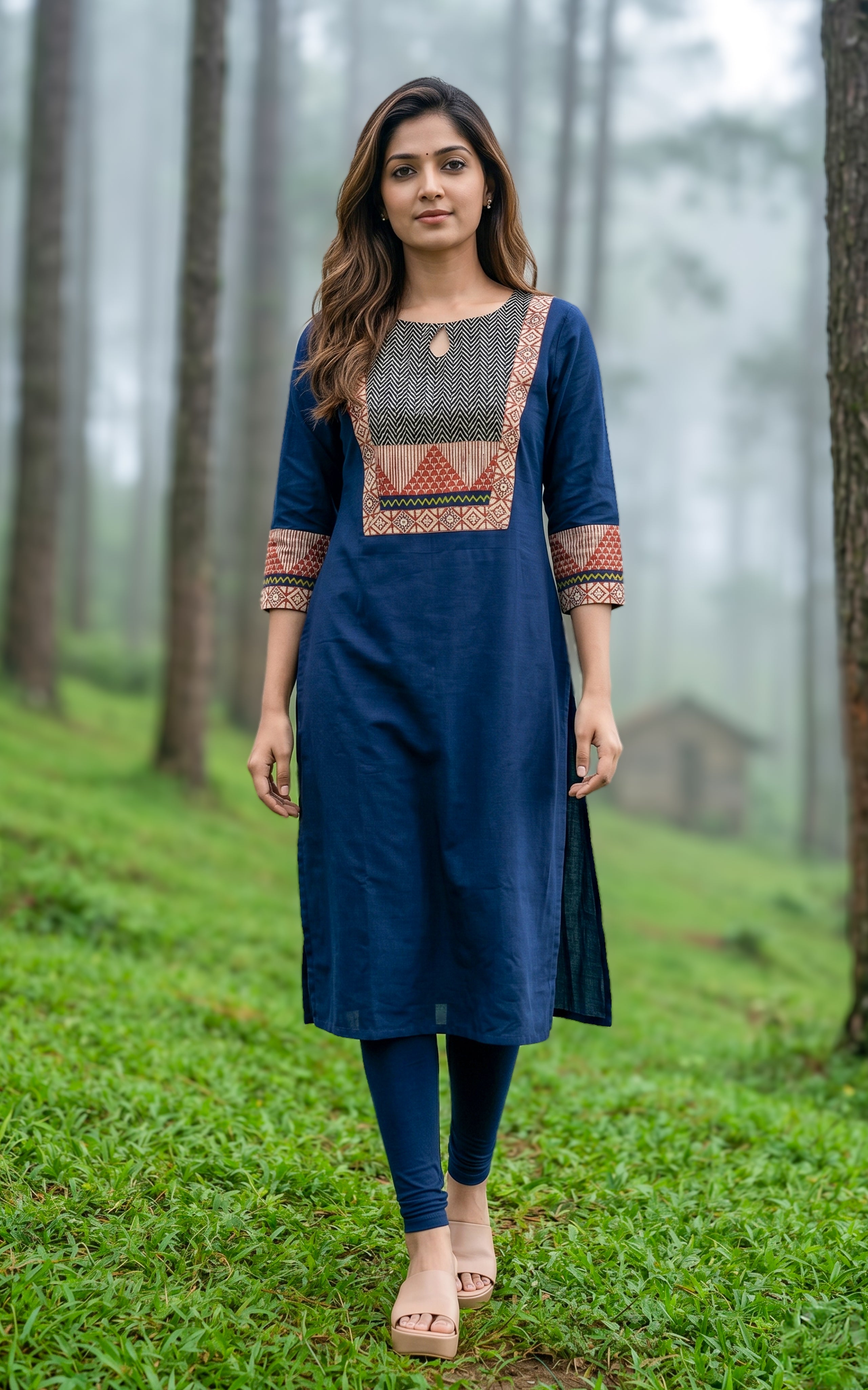 Navy blue kurti set for women with ethnic printed yoke design