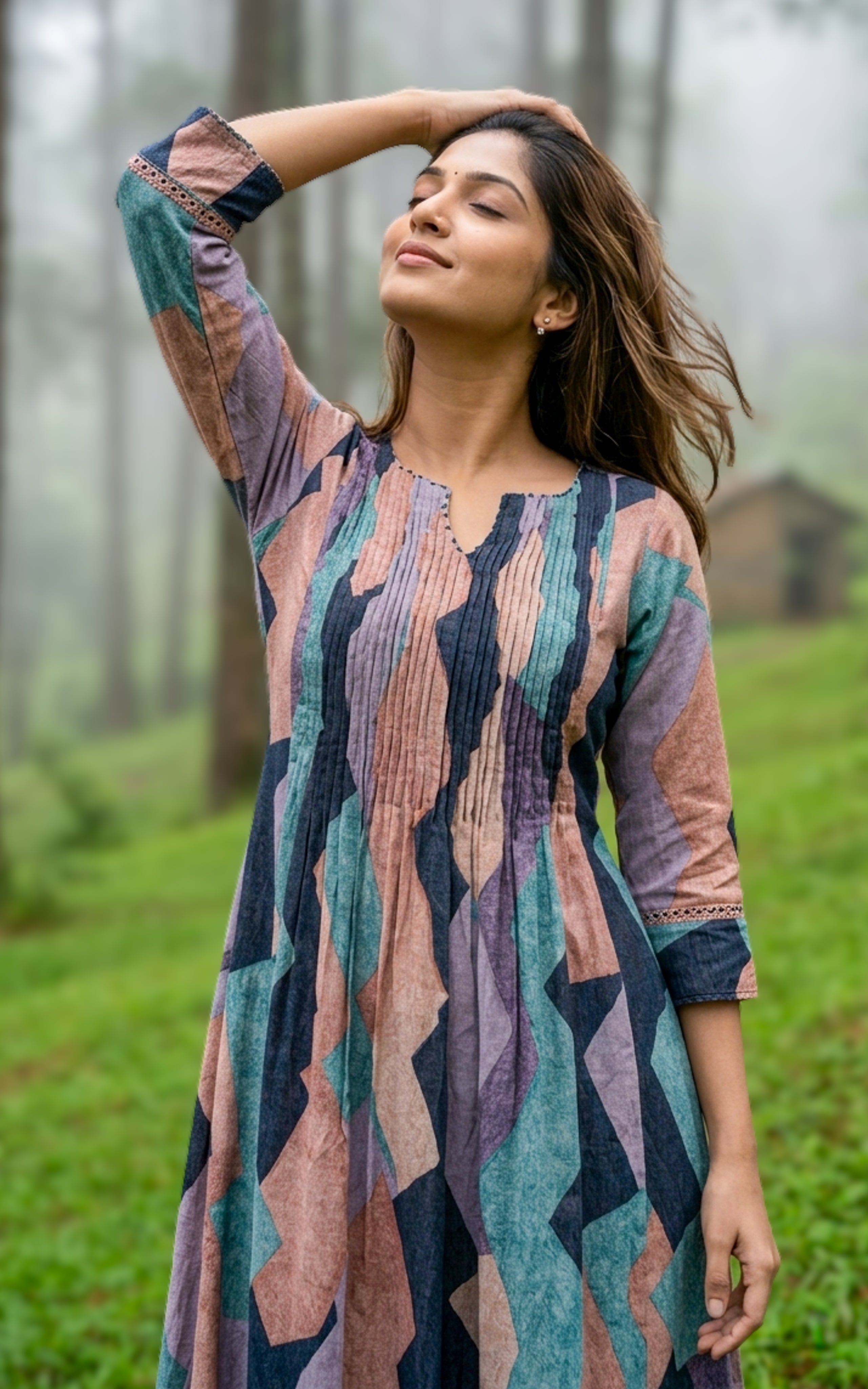 Cotton Anarkali kurti with pintuck detailing for women