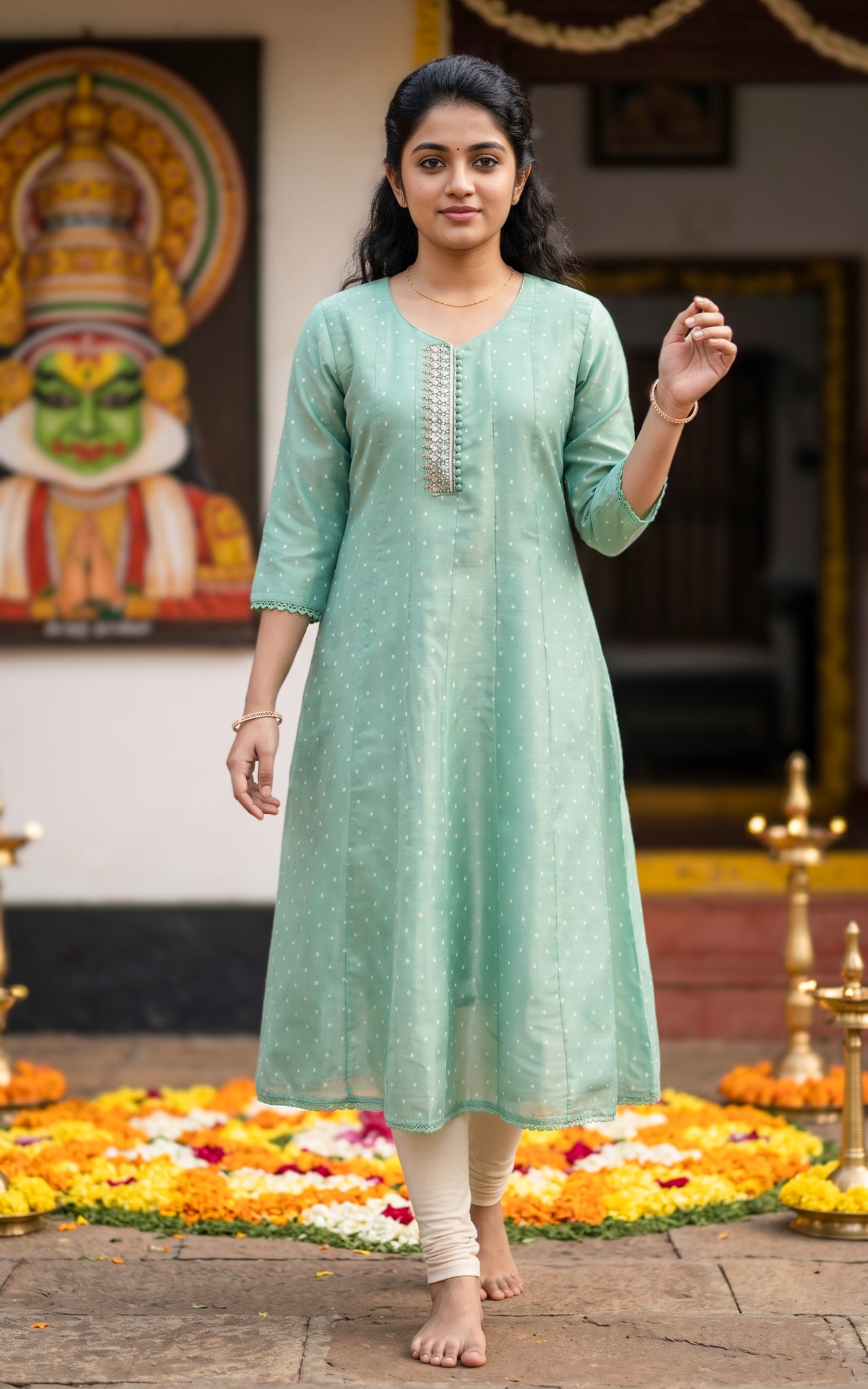 Mint Green Chanderi Onam Collection Kurti for Women