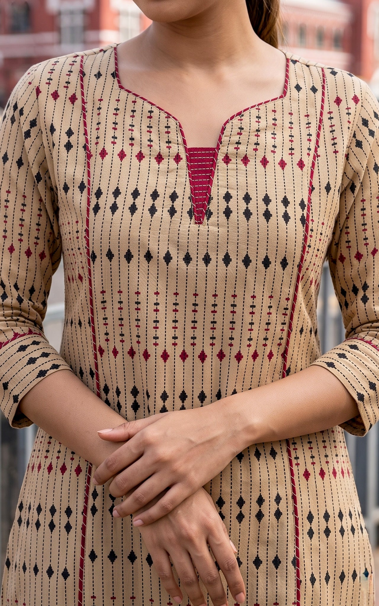 Beige and Black Cotton Summer Collection Kurti Dupatta for Women