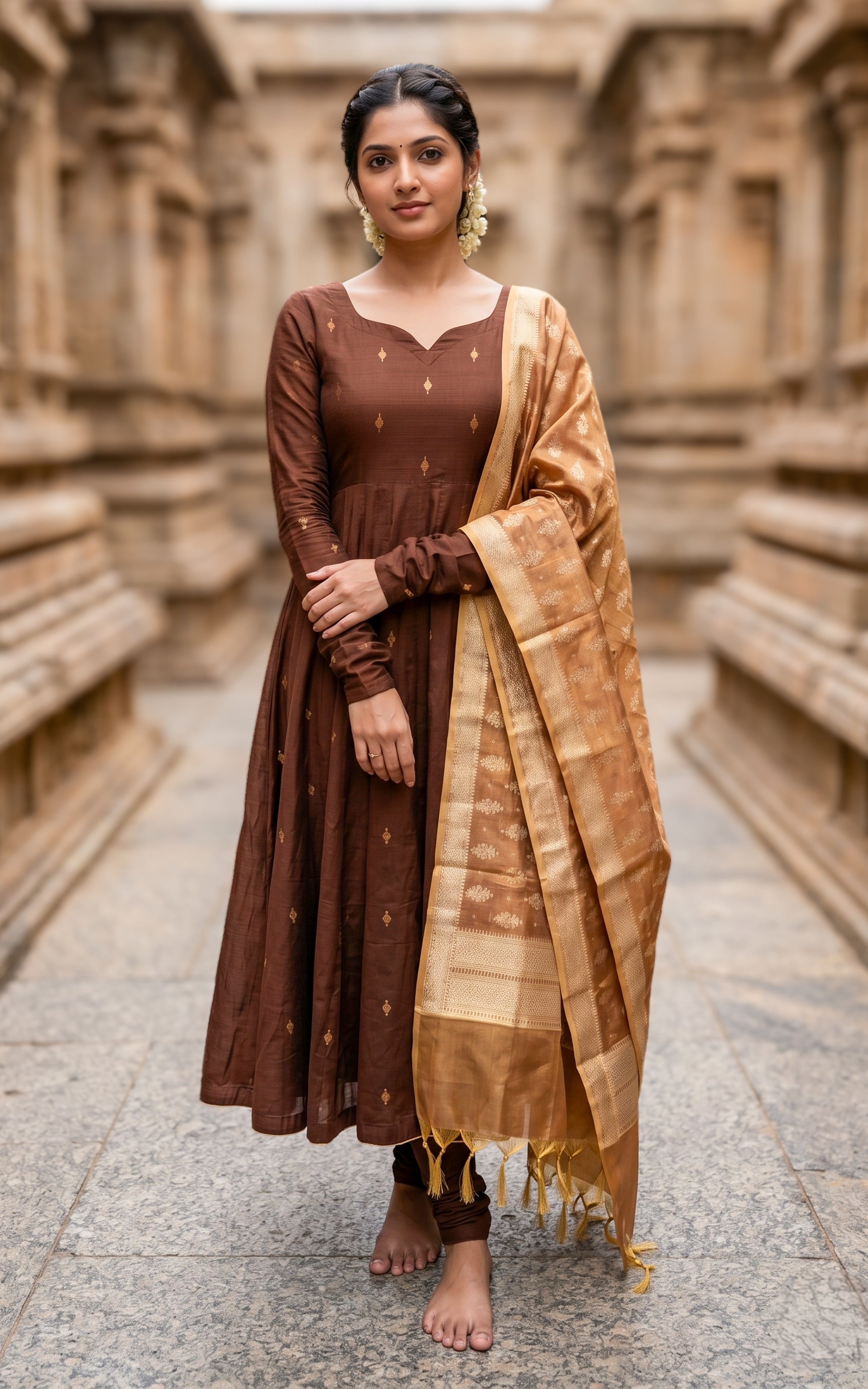 Instore – Brown Yaazhi Anarkali Kurti with Dupatta for Women – Silk Cotton – Golden Butta Work – Festive Ethnic Wear