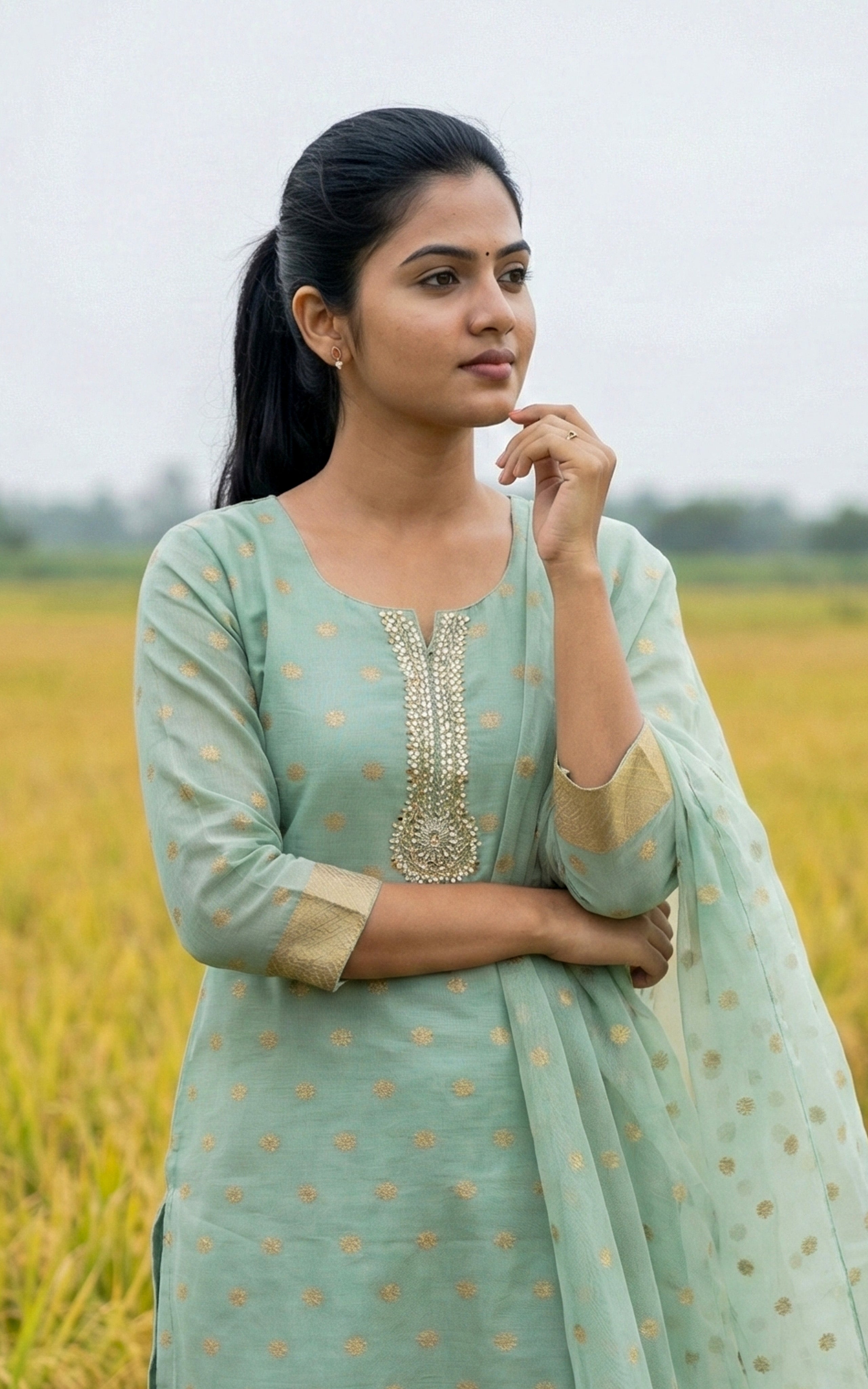 Instore - Pastel Green Chanderi Straight Cut Kurti with Zari Embroidery Neckline, Pant with One Side Pocket & Dupatta