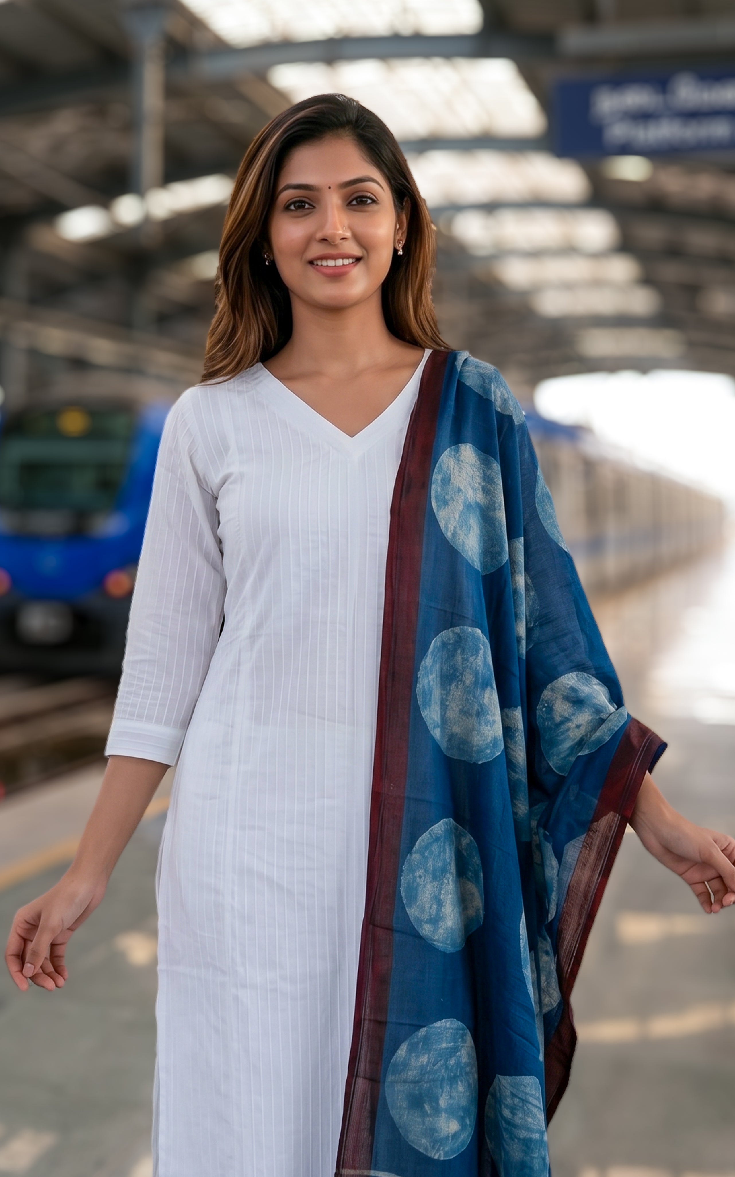 Instore - White Color V Neck Straight Cut Kurti with Side Slit and Pintuck Detailing, Paired with Indigo Dupatta, No Lining