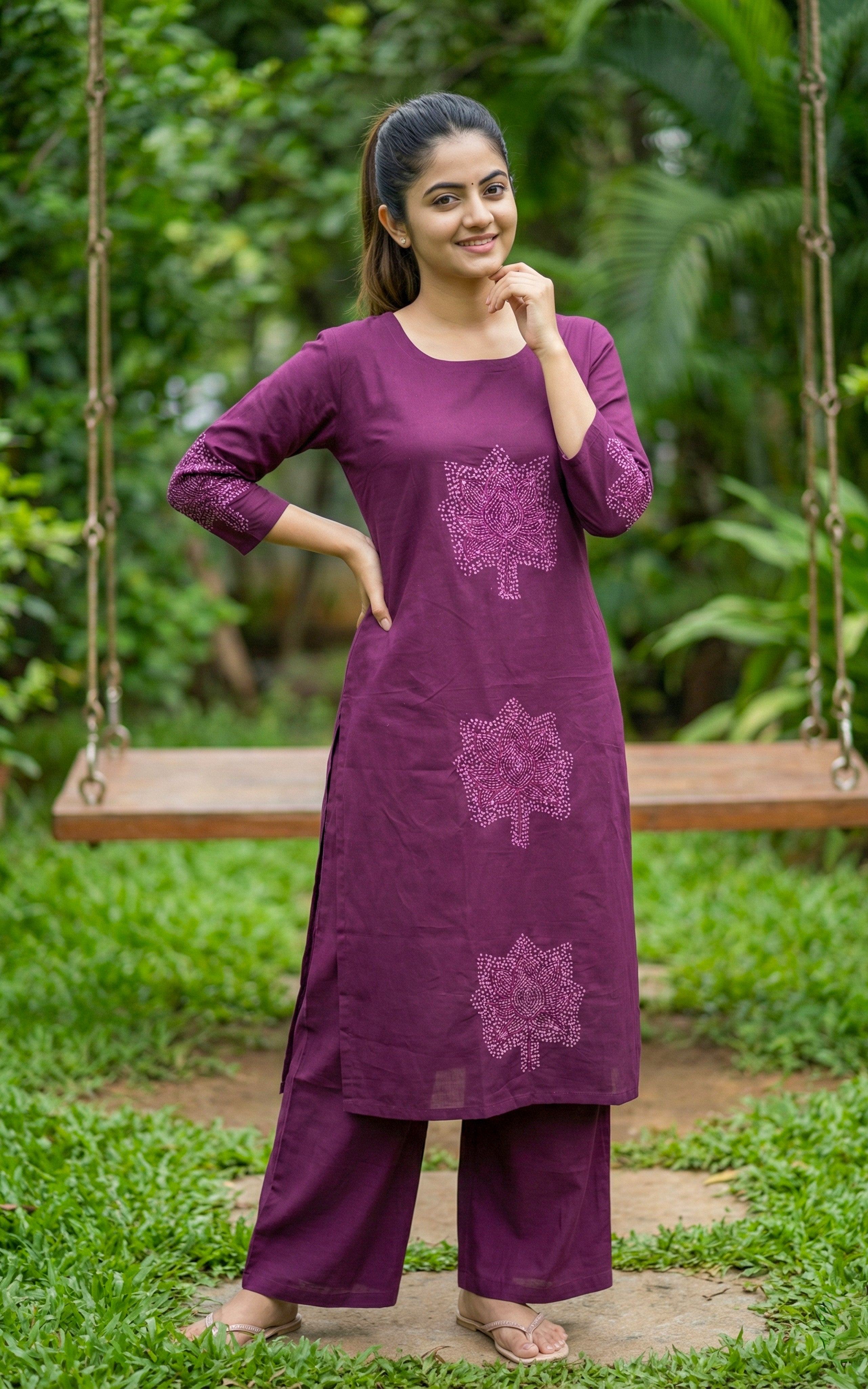 Instore - Purple Cotton Chikankari Embroidery Straight Cut Kurti with Side Slit & Pant with One Side Pocket, No Lining