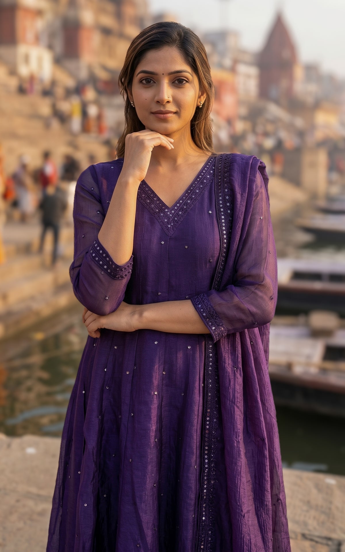 Instore – Dark Purple Mellinam Anarkali Kurti with Dupatta for Women – Crushed Tissue Silk – Sequin Embroidery – Festive Ethnic Wear