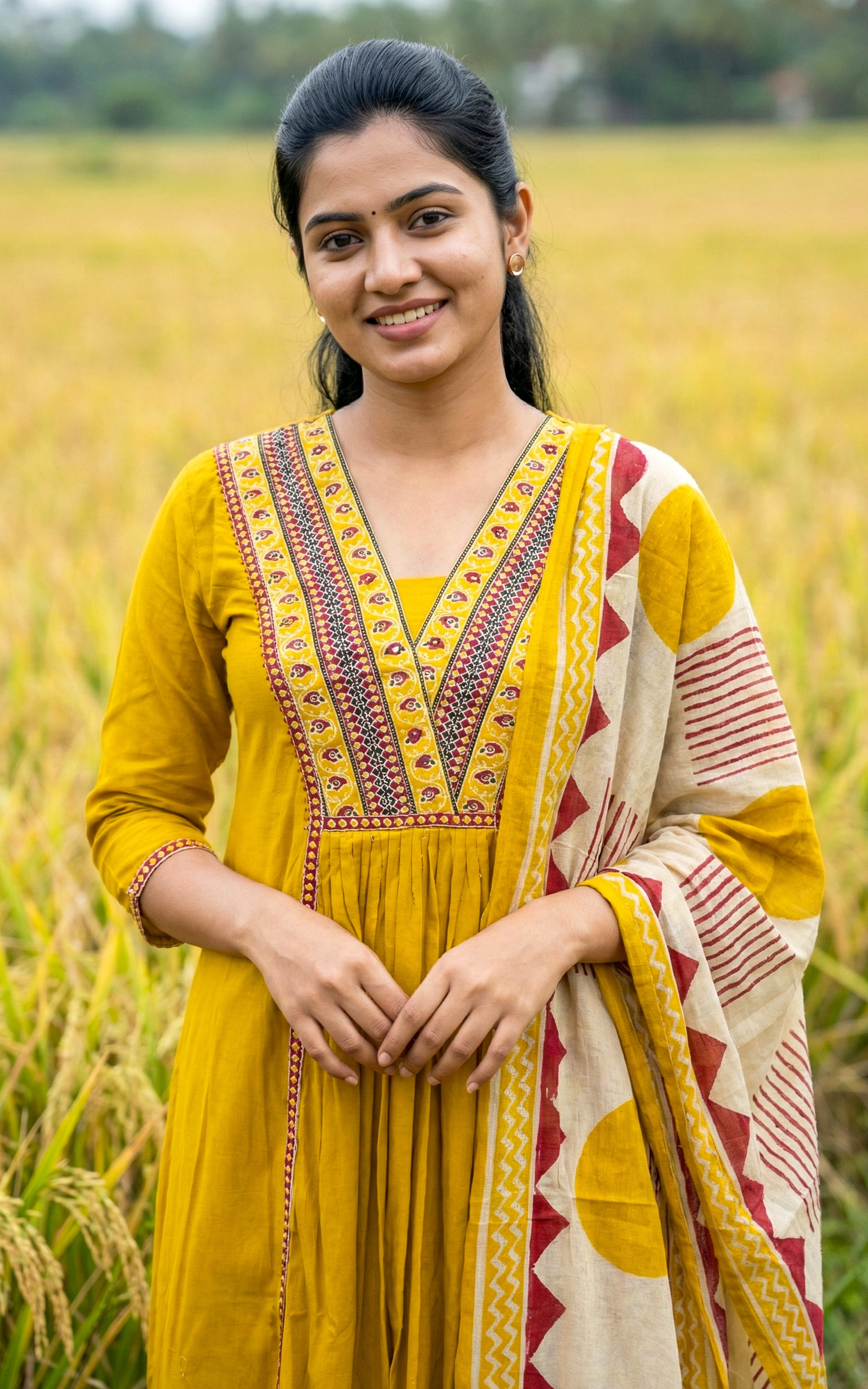 Instore - Mustard Cotton, V-Neck Embroidery Aline Kurti with Side Slit with Dupatta & Full Elastic Waistband Pant