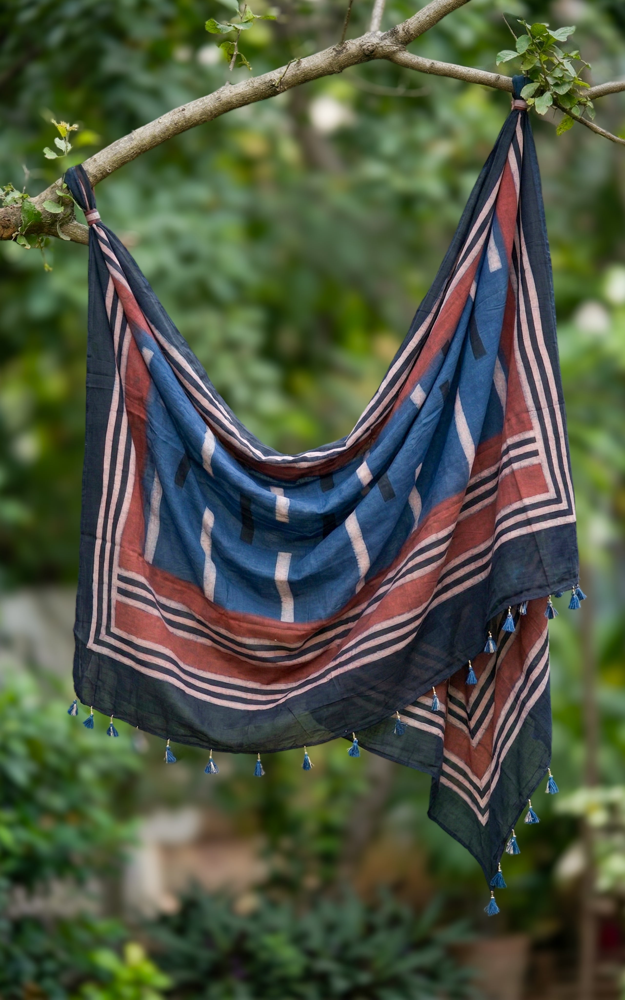 Instore – Earthy Tones Handblock Printed Dupatta for Women – Cotton – Tassels – Ethnic Wear