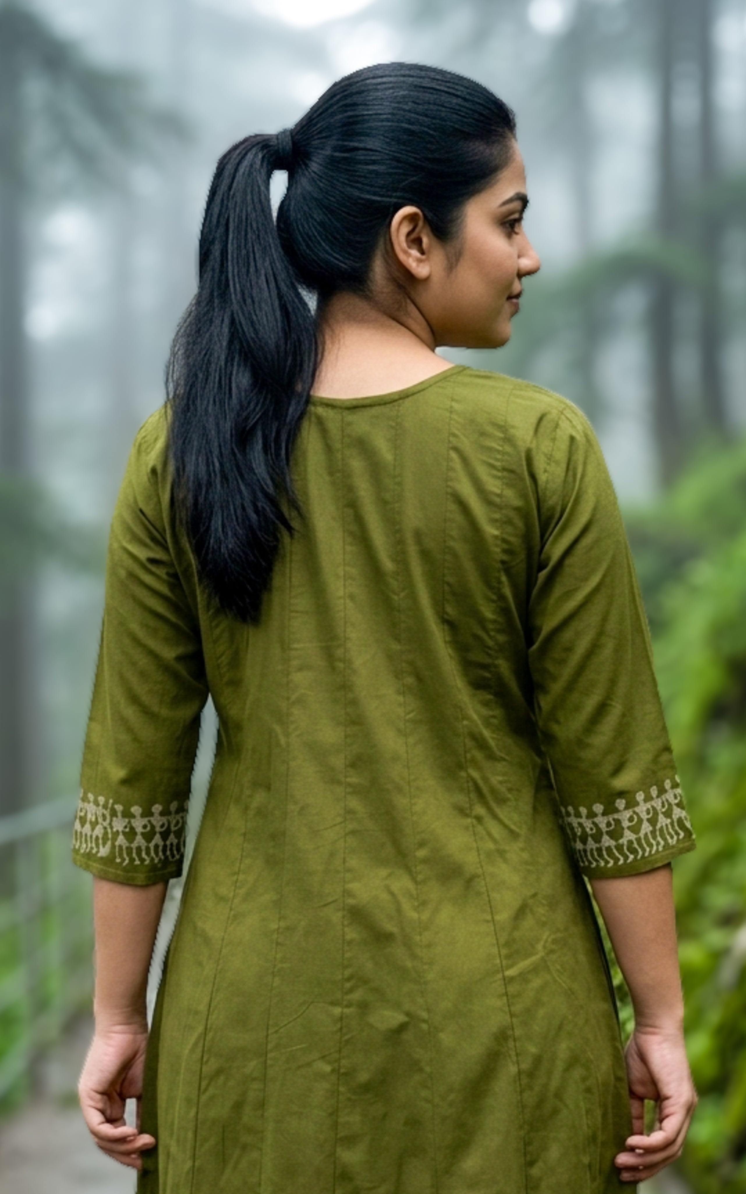 Instore – Mehandi Green Handblock Printed Cotton Anarkali Kurti for Women – Ethnic Wear
