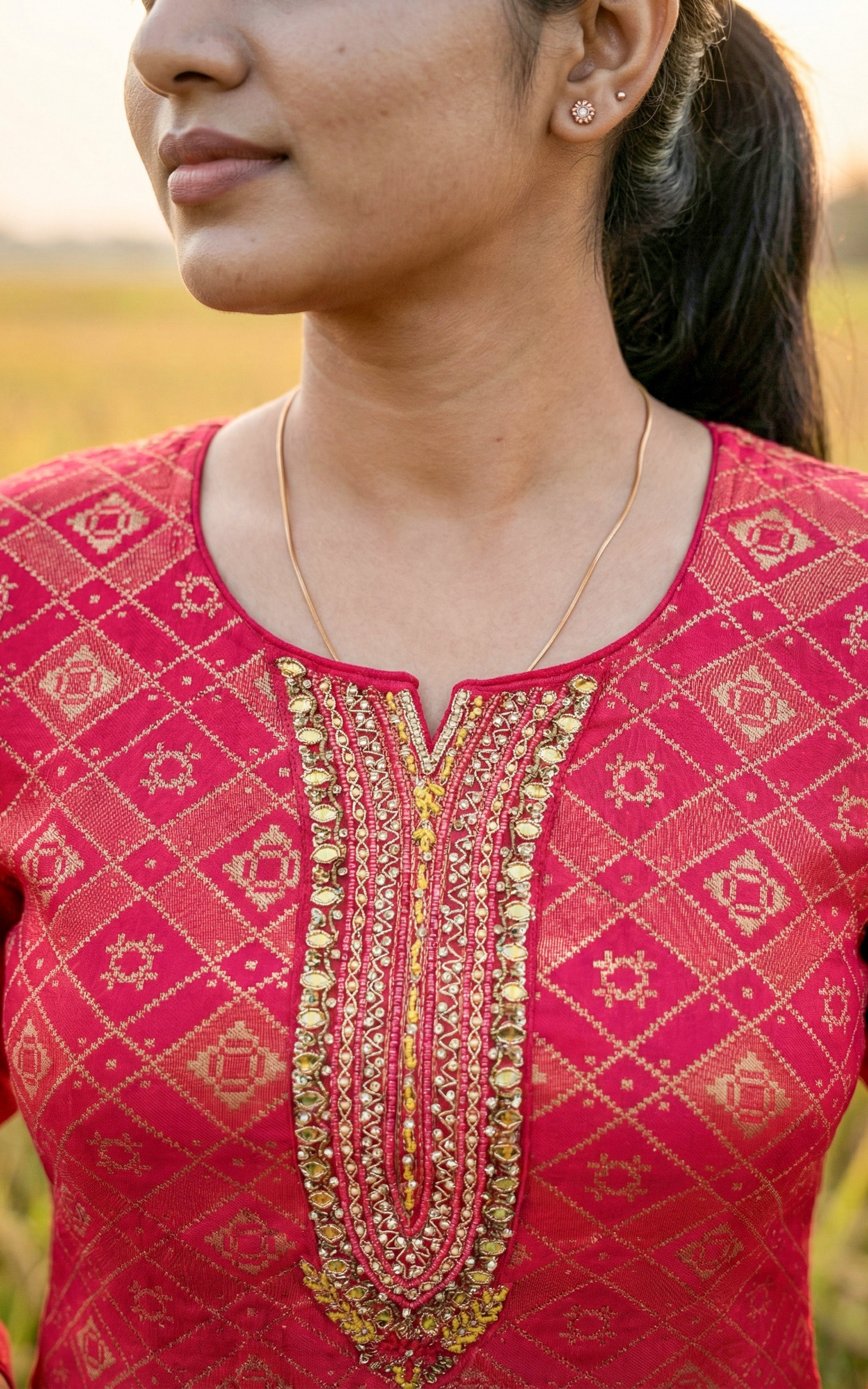 Instore - Pink Art Silk Straight Cut Kurti with Side Slit and Butter Crepe Lining