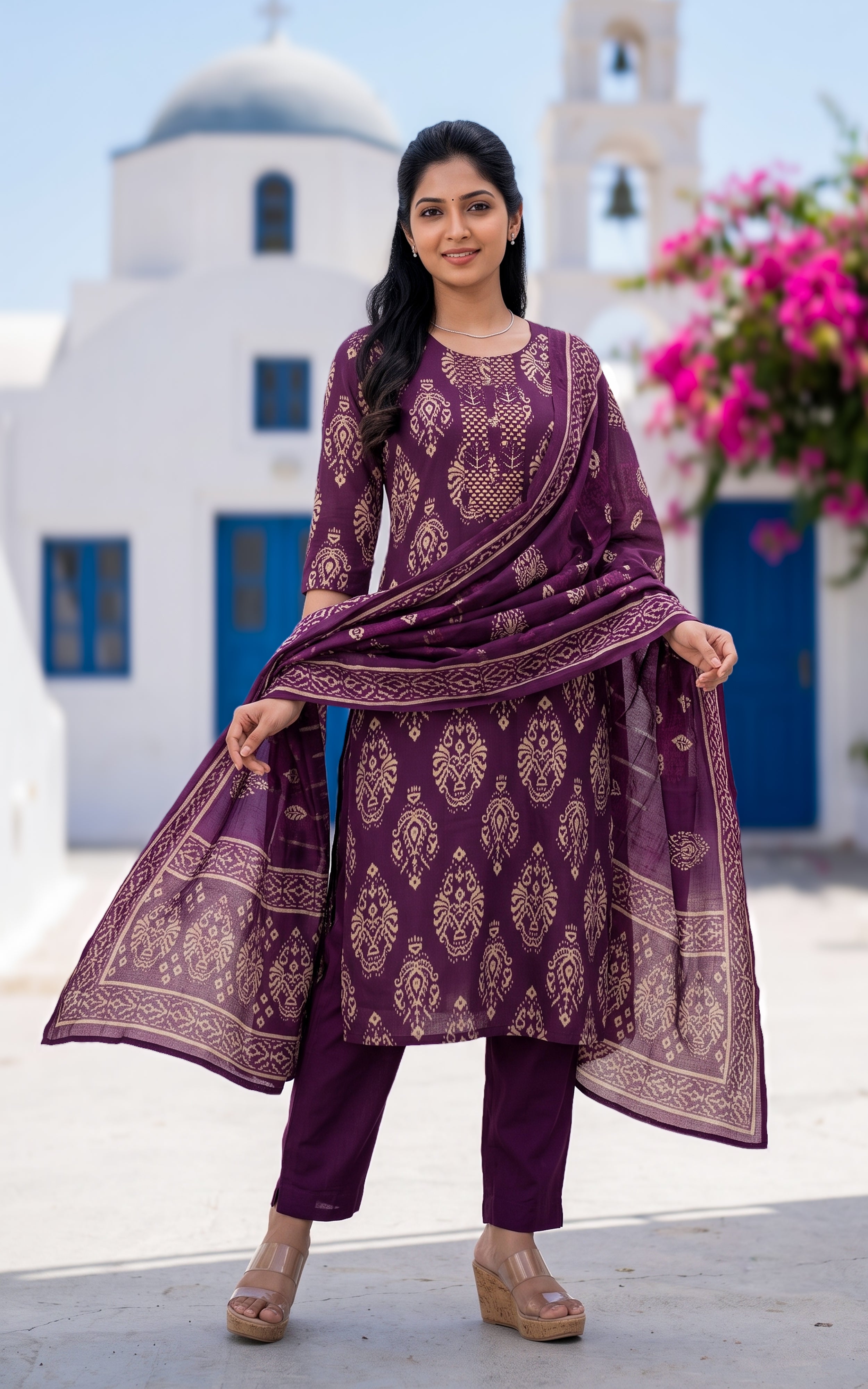 Plum Art Silk Casual Wear Kurti Set with Dupatta for Women