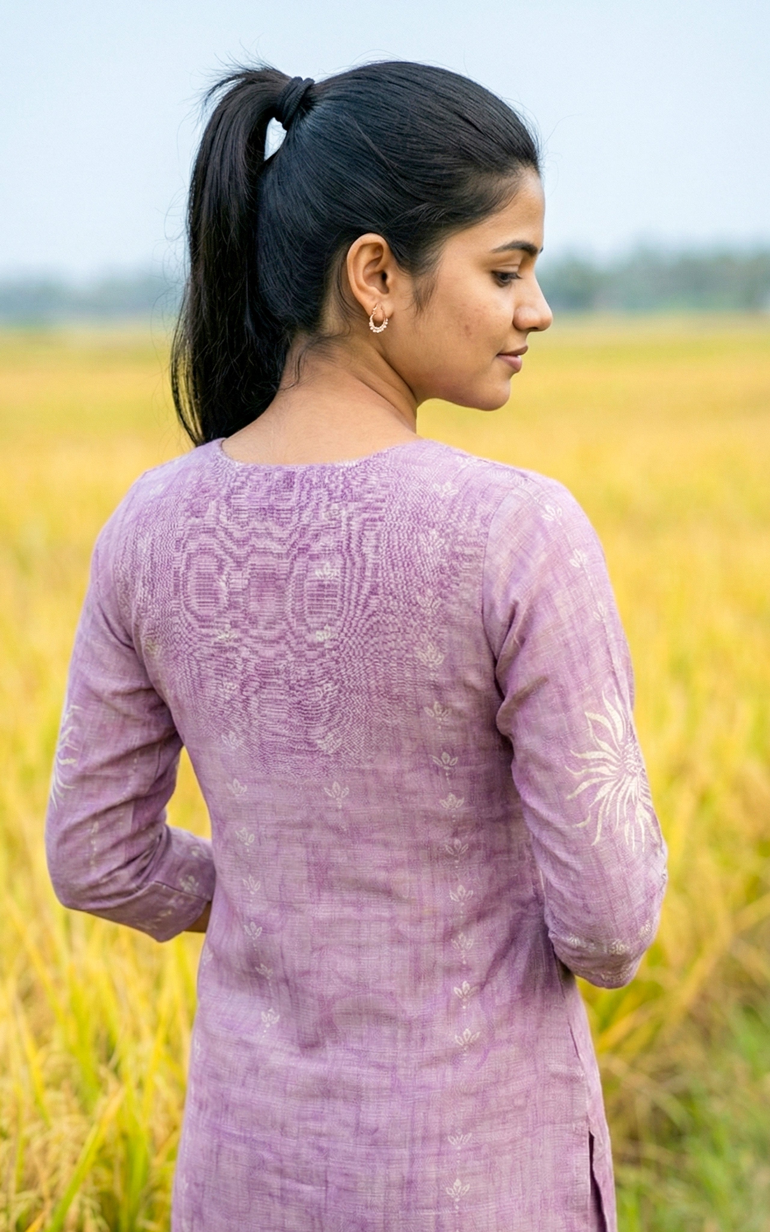 Instore - Soft Lavendar Art Silk Straight Cut Kurti with Embroidery & Pant with One Side Pocket & Art Silk Dupatta