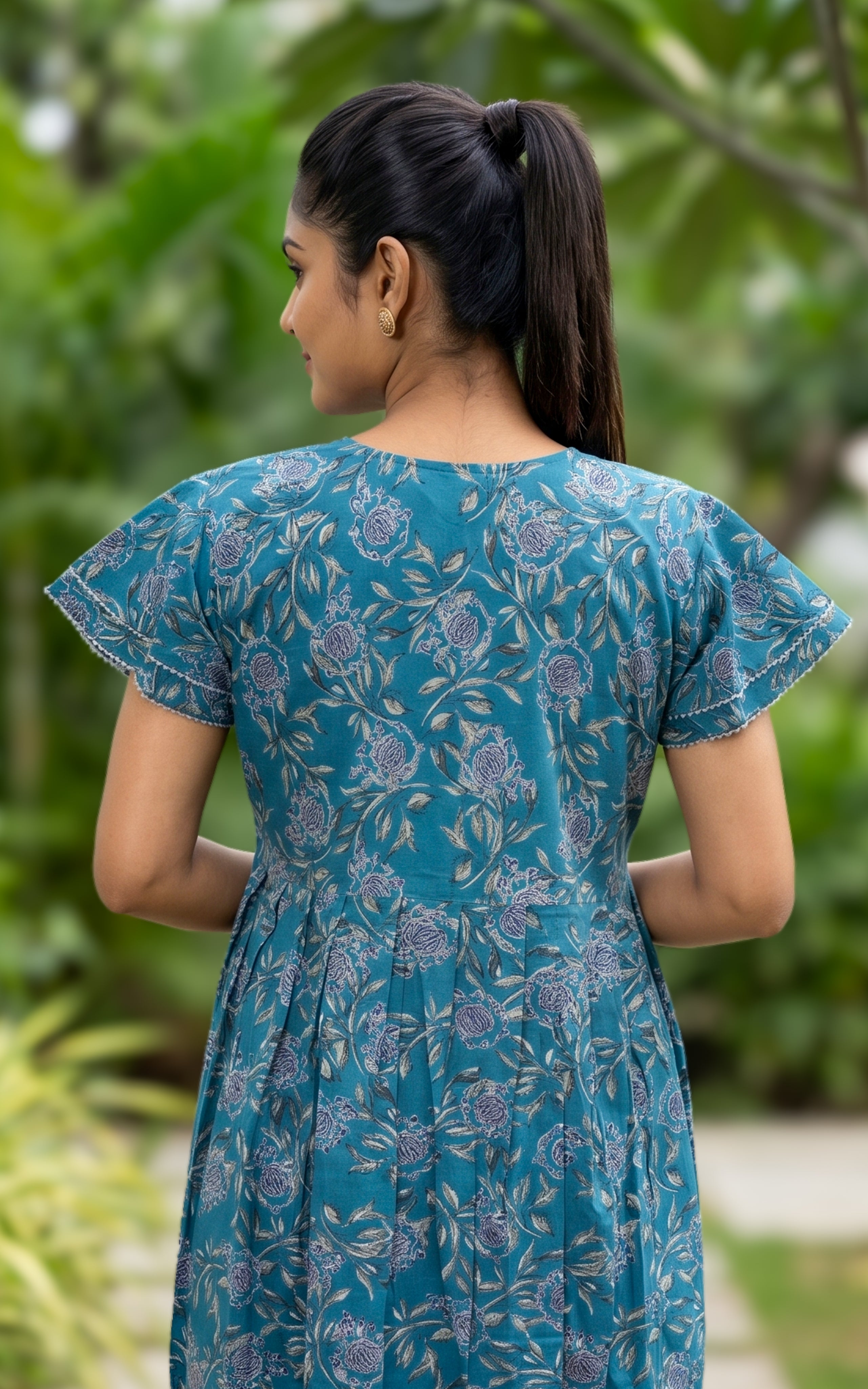 Instore - Teal Blue Floral Print Cotton Long Nighty with Side Pocket, Relaxed Fit, Women's Sleepwear