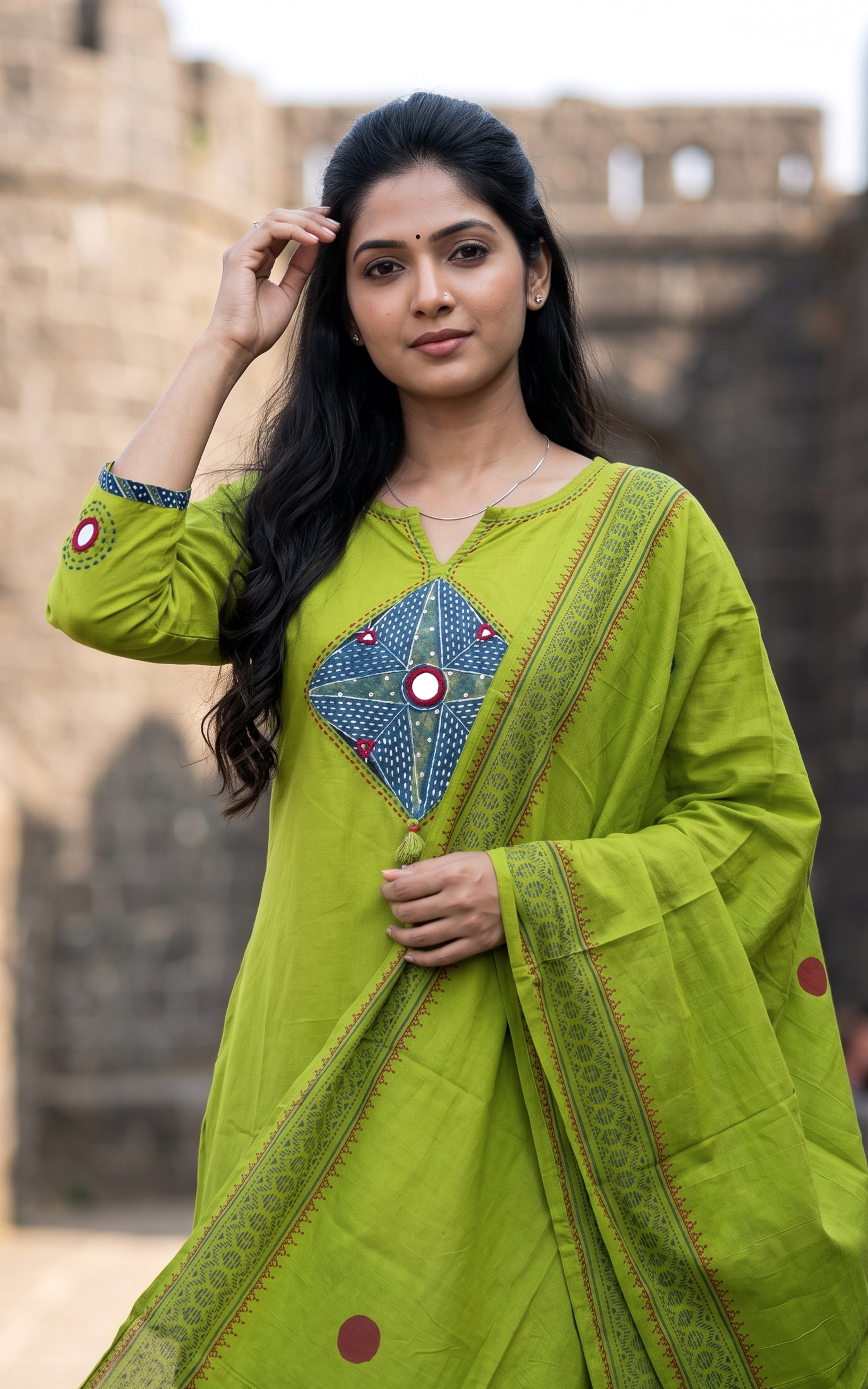 Parrot Green Cotton Daily Wear Kurti Set for Women