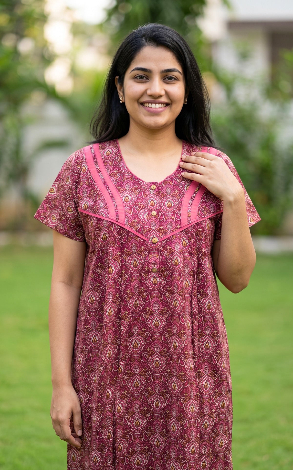 Instore – Maroon & Pink Cotton Straight Fit Nighty for Women – Cotton – Printed – Ethnic Wear