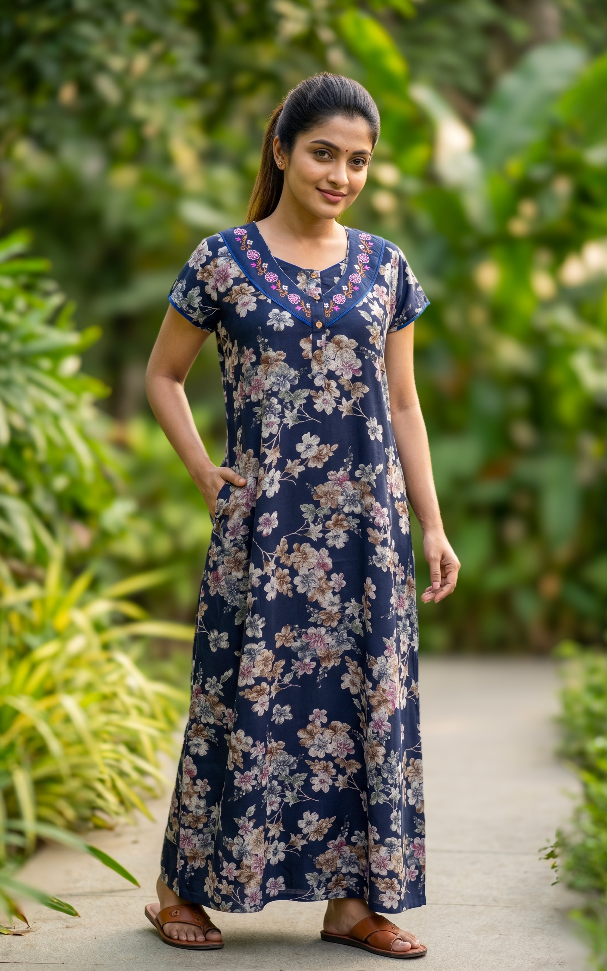 Instore - Blue Floral Print Cotton Long Nighty with Side Pocket, Relaxed Fit, Women's Sleepwear