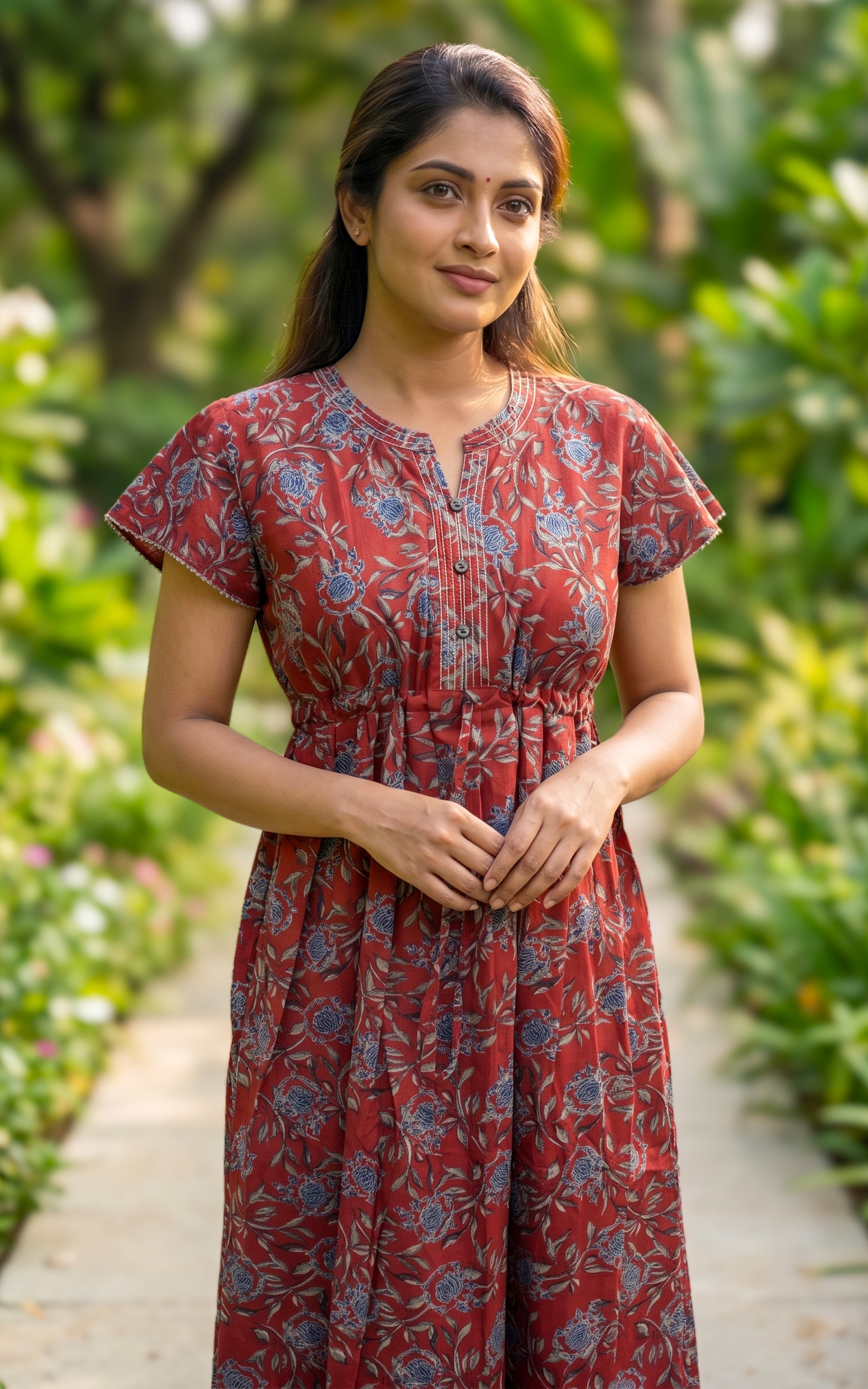 Instore - Maroon Floral Print Cotton A-line Long Nighty with Side Pocket, Relaxed Fit, Women's Sleepwear