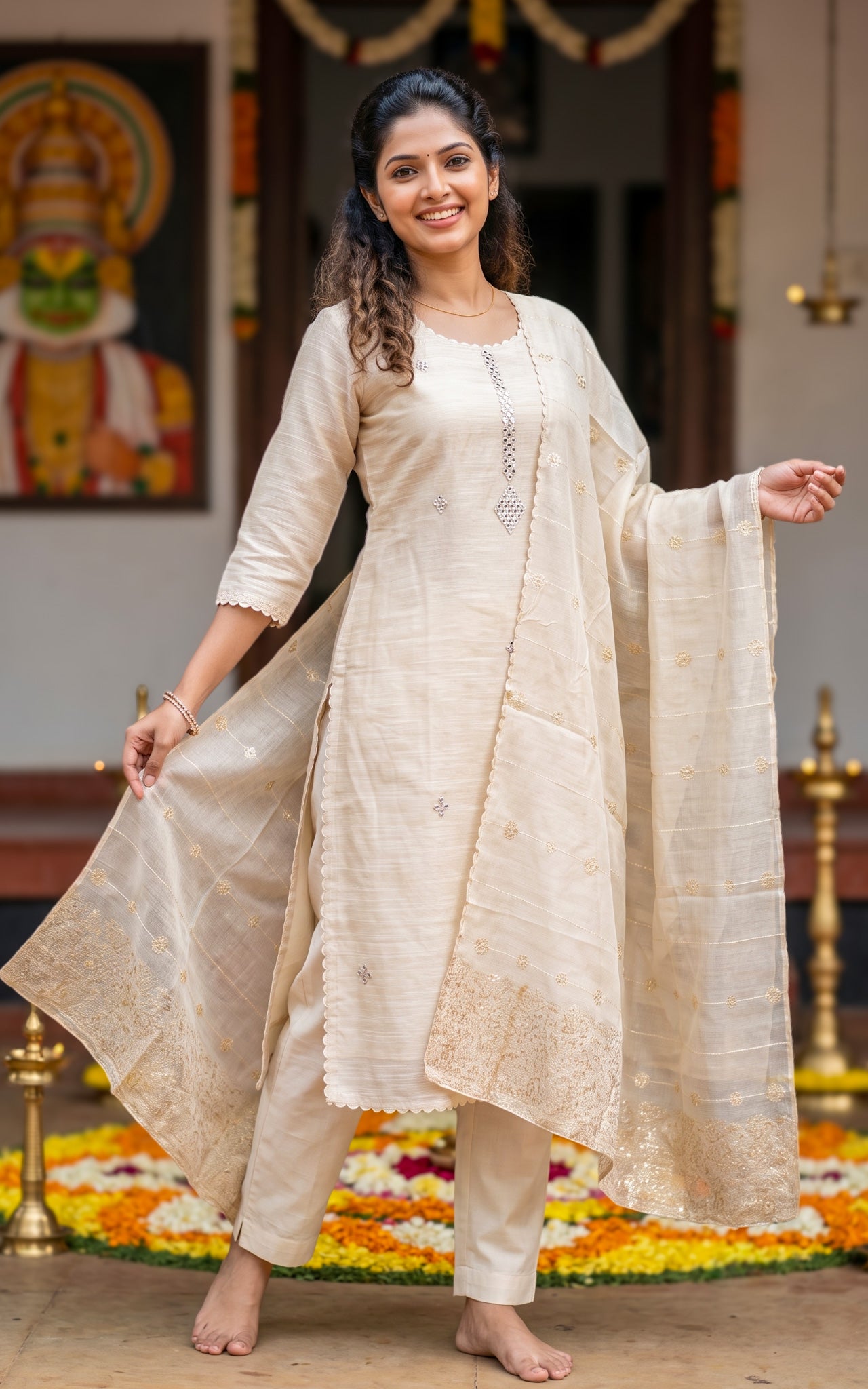 Beige Chanderi Kurti Set for Women