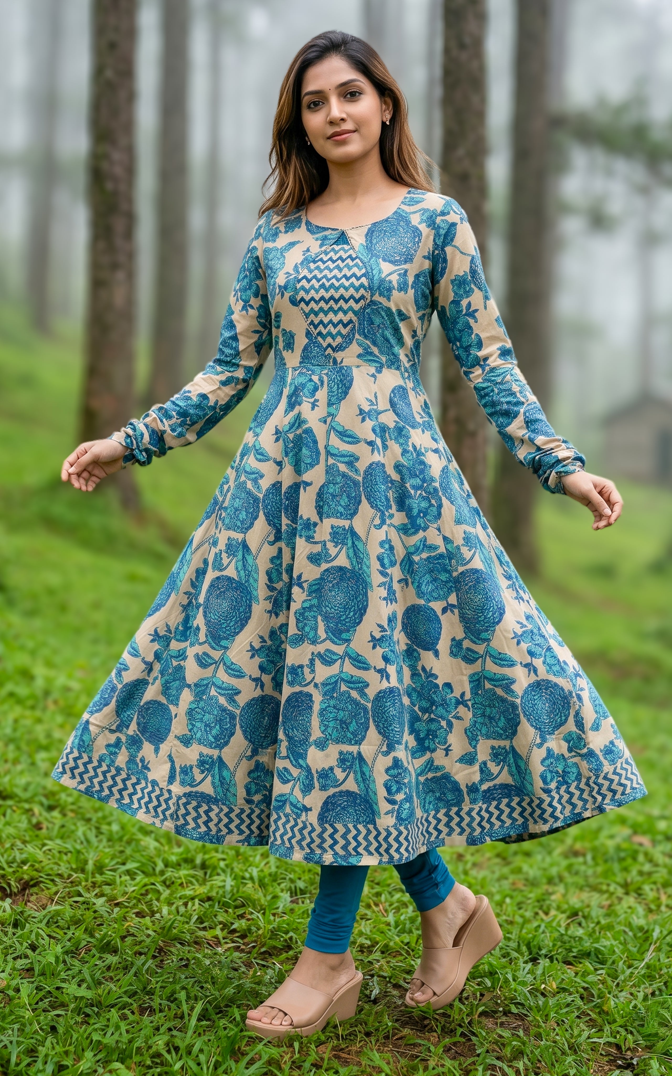 Blue printed cotton Anarkali kurti for women
