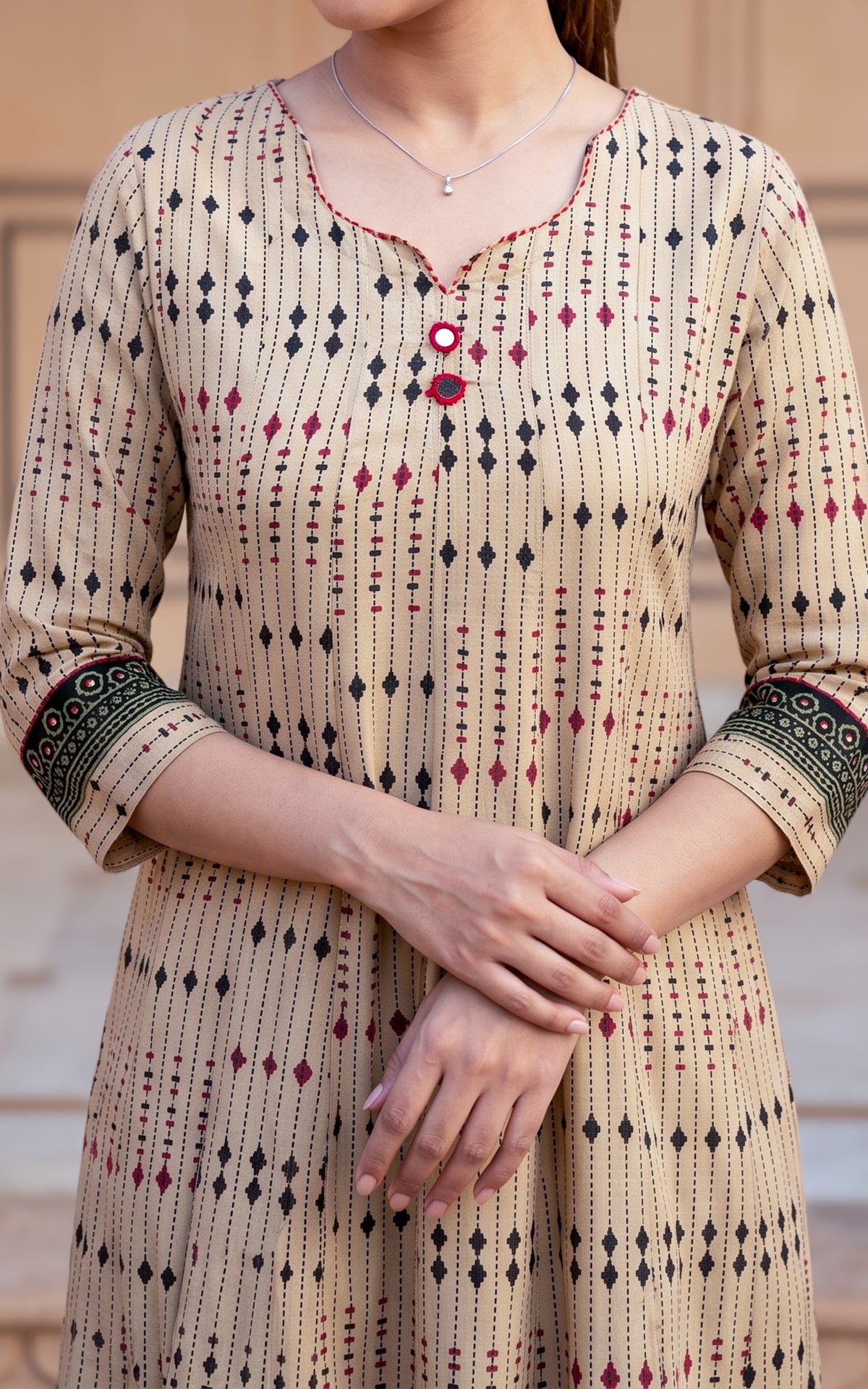 Beige and Black Cotton Anarkali Kurti with Printed Dupatta for Women
