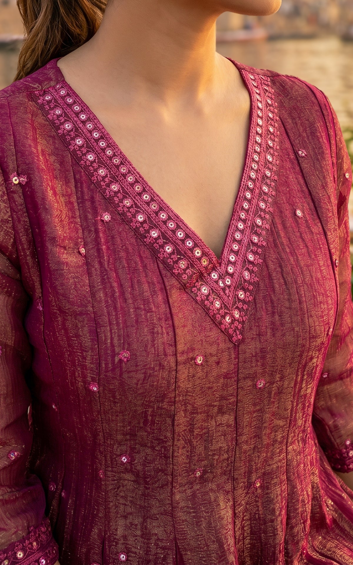 Instore – Burgundy Mellinam Anarkali Kurti with Dupatta for Women – Crushed Tissue Silk – Sequin Embroidery – Festive Ethnic Wear