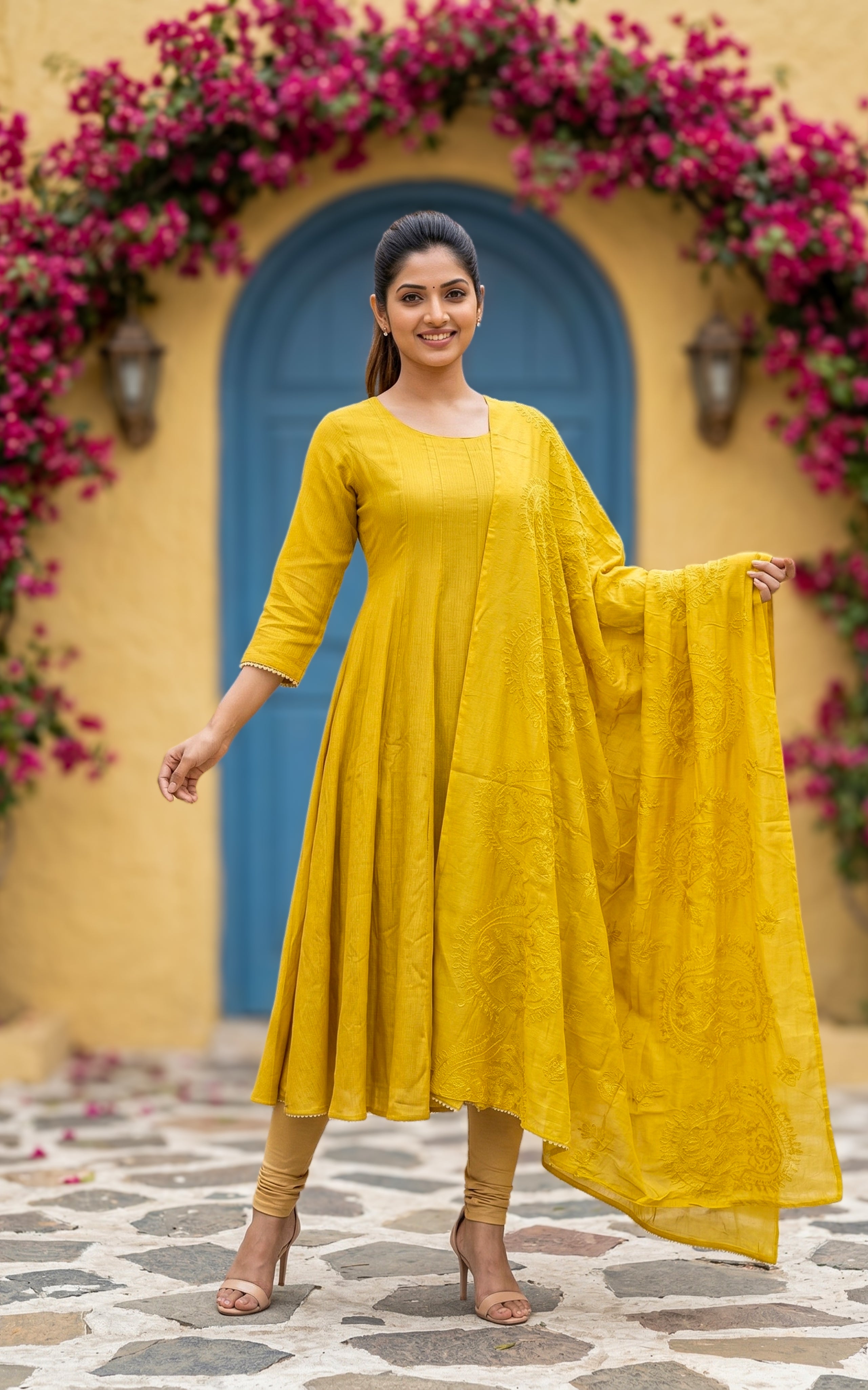 Instore – Mustard Sreelekha Anarkali Kurti with Dupatta for Women – Crushed Faux Silk – Golden Detailing – Festive Ethnic Wear