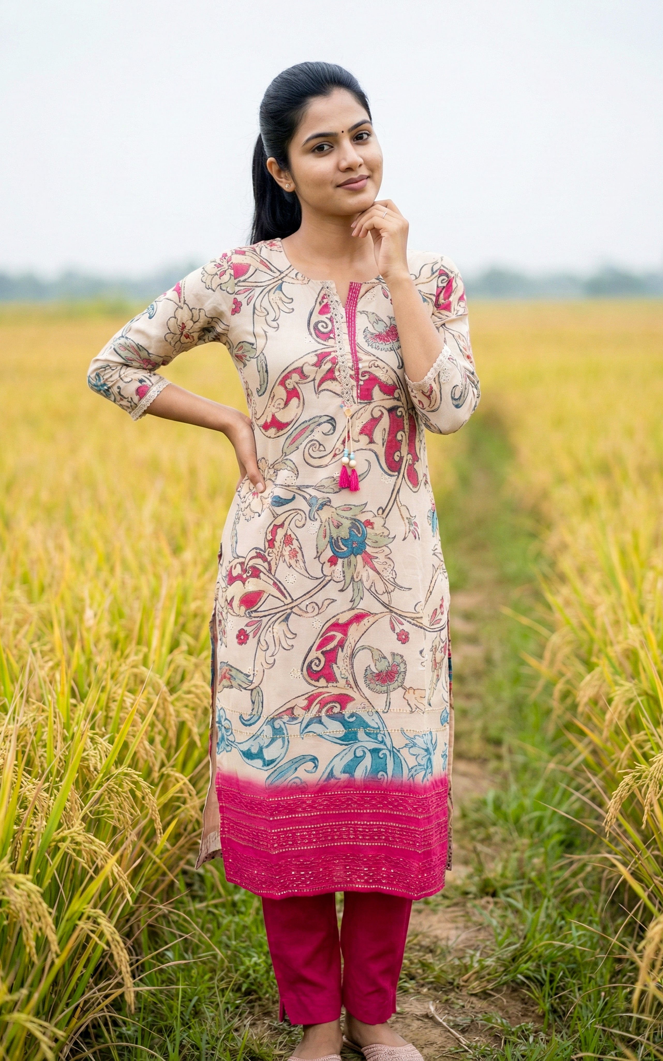 Instore - Beige Cotton Straight Cut Kurti with Featuring Side Slit Crochet Lace Detailing with Cotton Lining