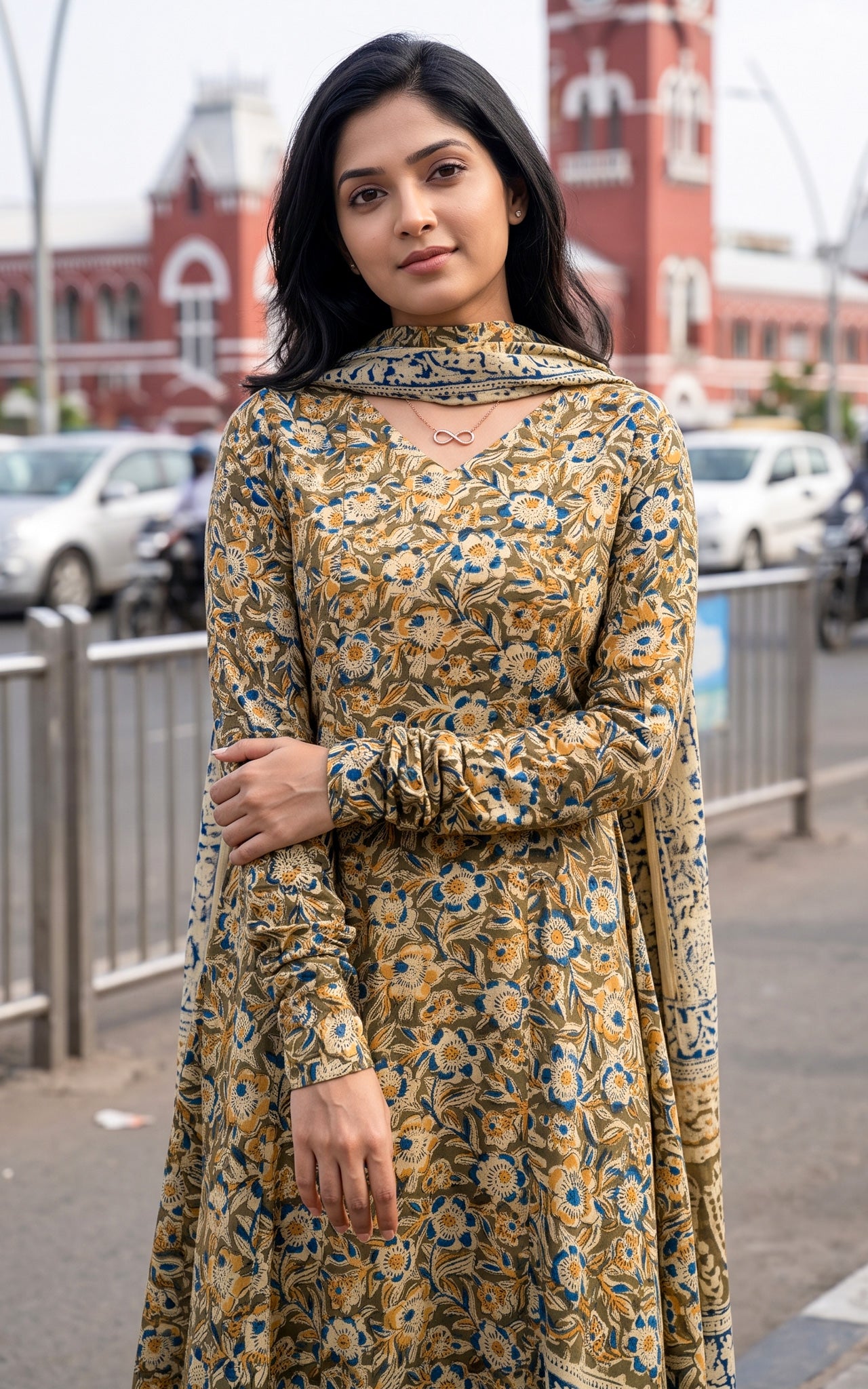 Mehandi Green Kalamkari Cotton Daily Wear Kurti Dupatta for Women