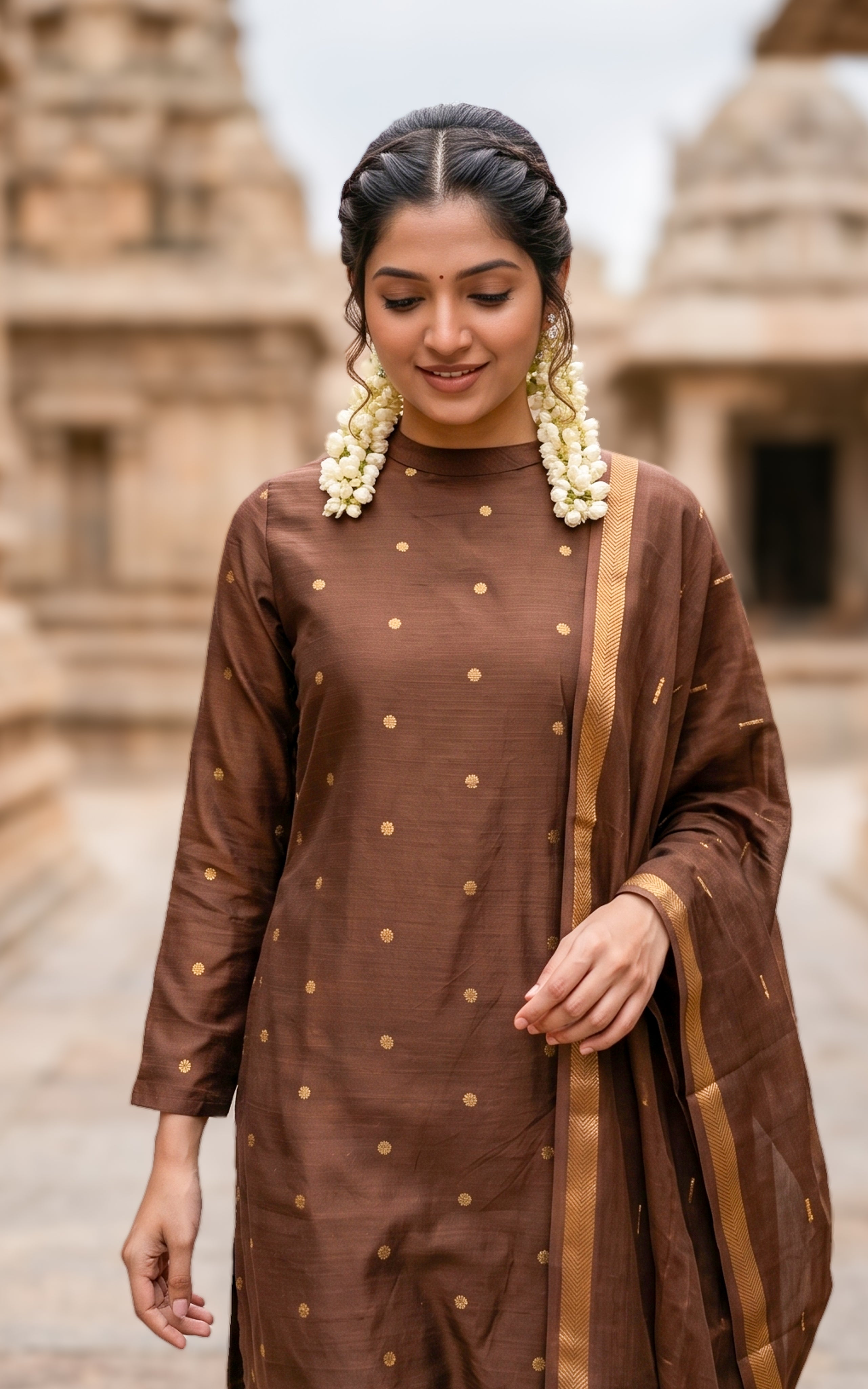 Instore – Brown Sudari Straight Cut Kurti with Dupatta for Women – Silk Cotton – Turtle Neck – Festive Ethnic Wear