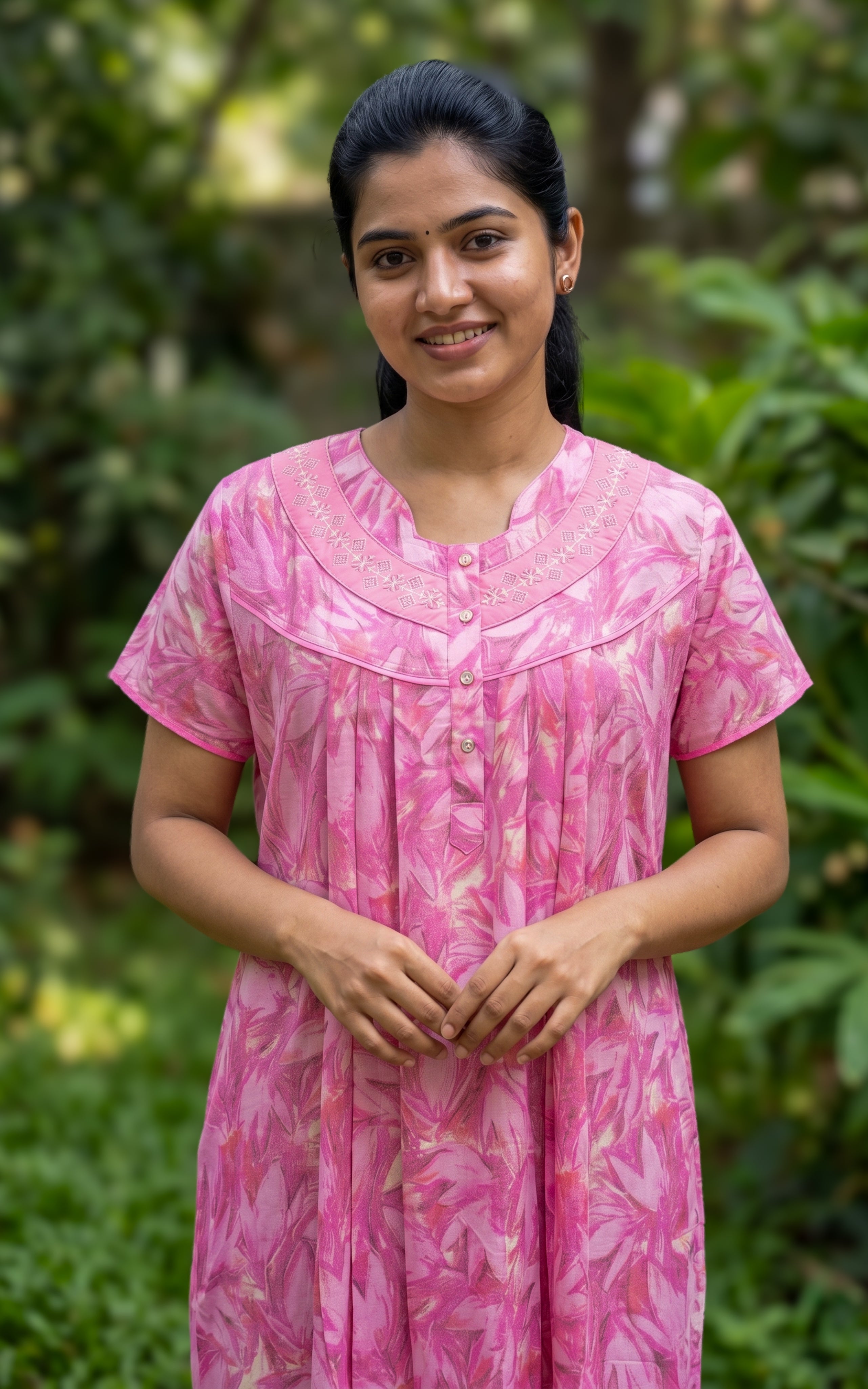 Instore - Pink Leaf Print Cotton Long Nighty with Side Pocket, Relaxed Fit, Women's Sleepwear
