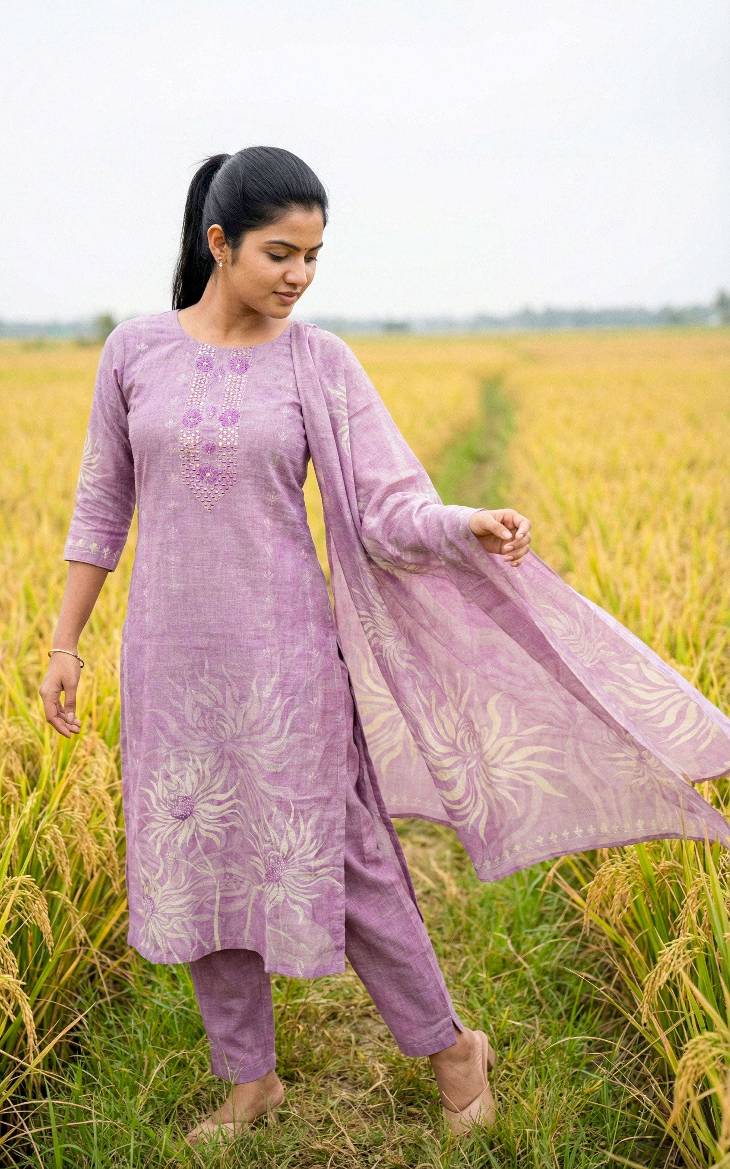 Instore - Soft Lavendar Art Silk Straight Cut Kurti with Embroidery & Pant with One Side Pocket & Art Silk Dupatta