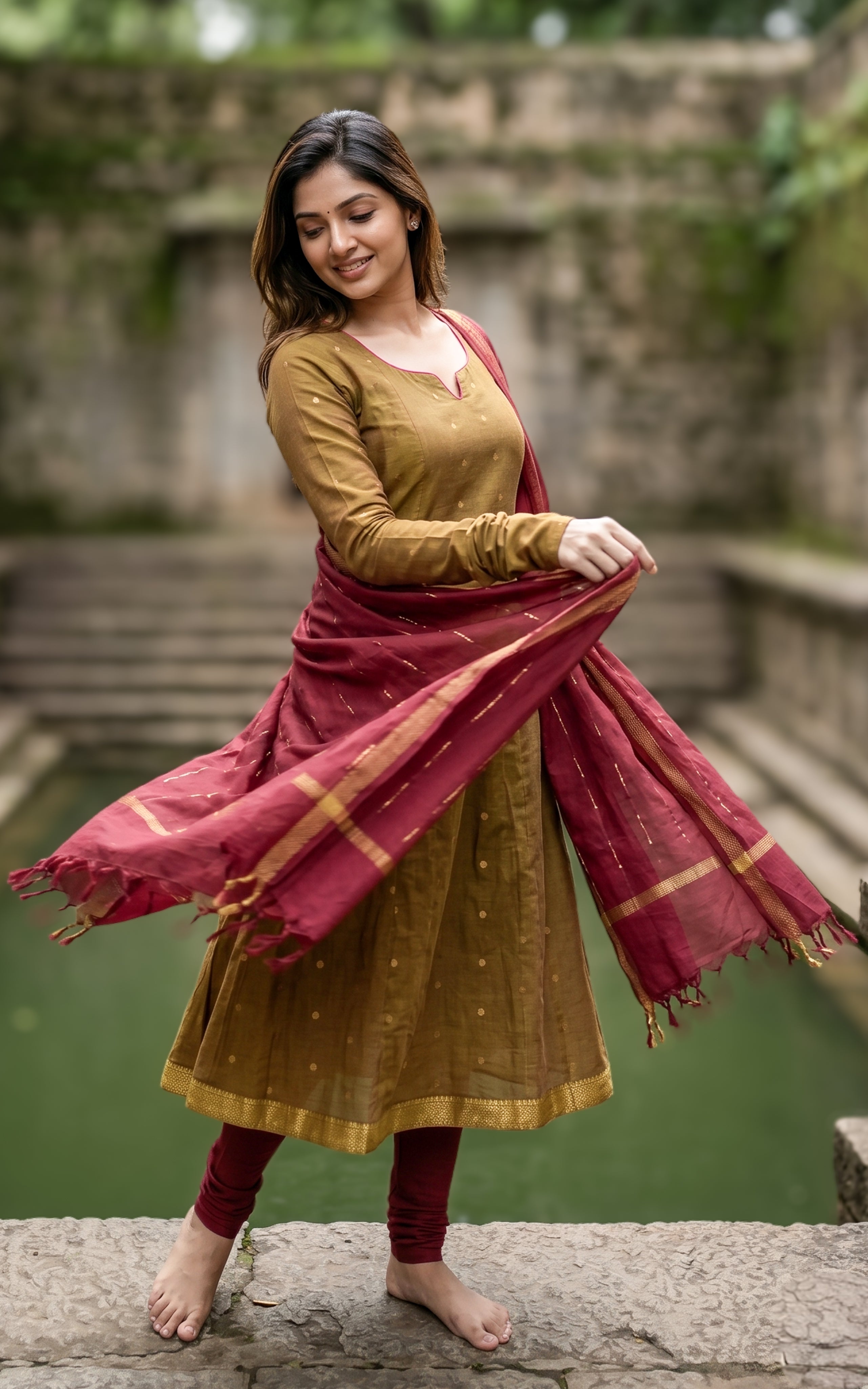 Anarkali with handblock printed dupatta

Dupatta with mangalagiri zari border

Stylish flared anarkali kurti
