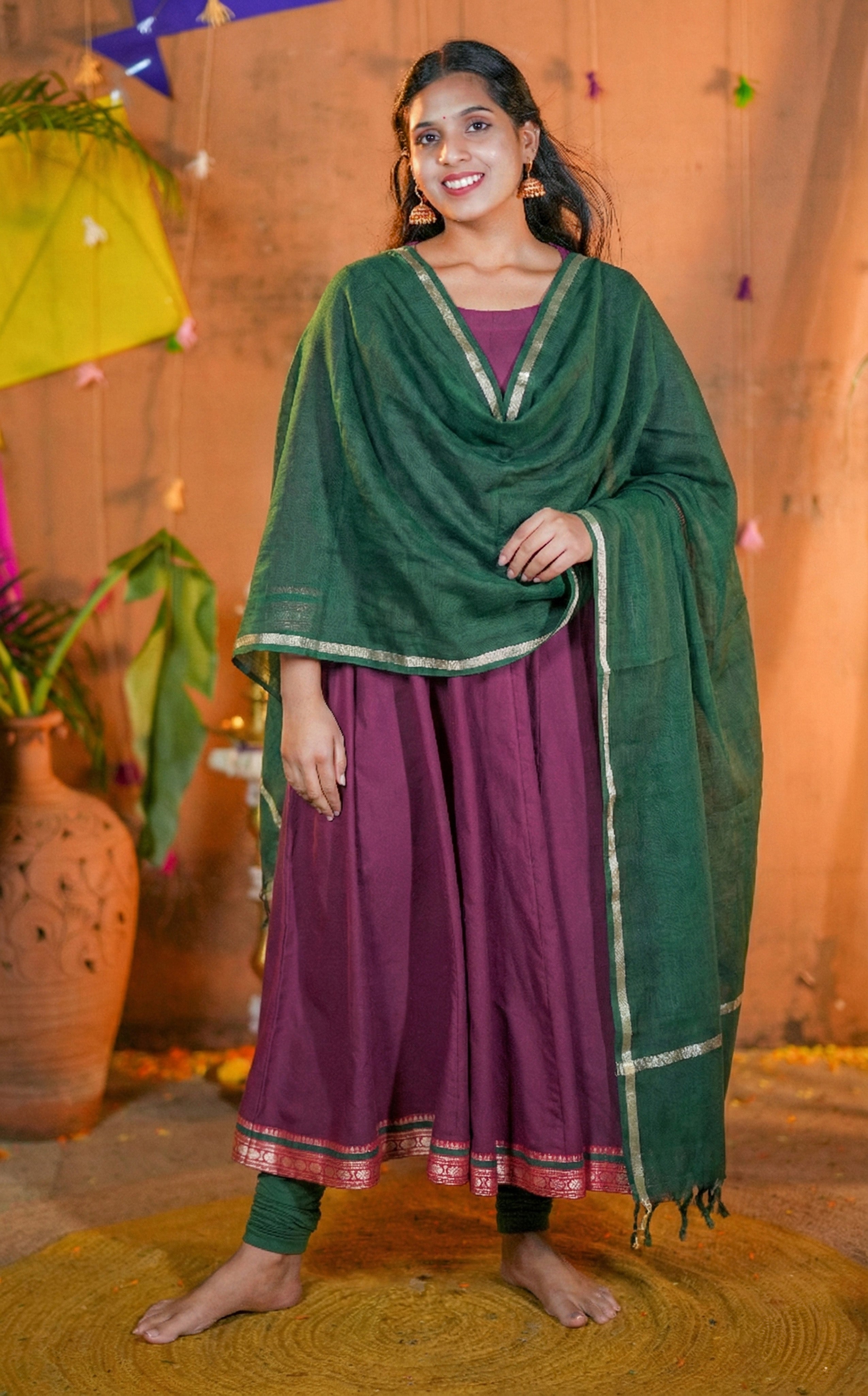 Instore-South Cotton Plum Full Flared Anarkali with One Side Pocket & One side Pocket & Dupatta