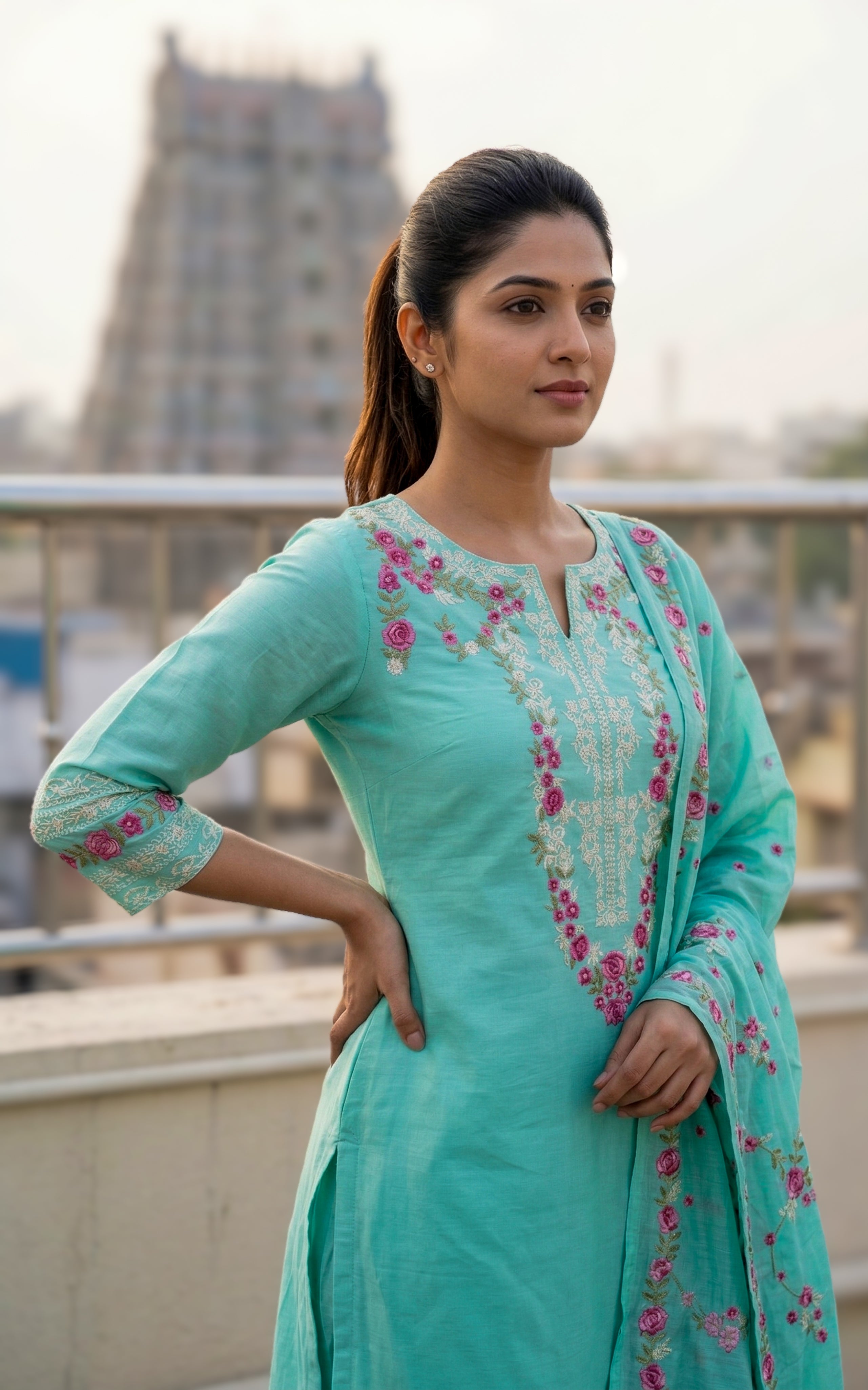 Stylish floral embroidered chanderi kurti for women