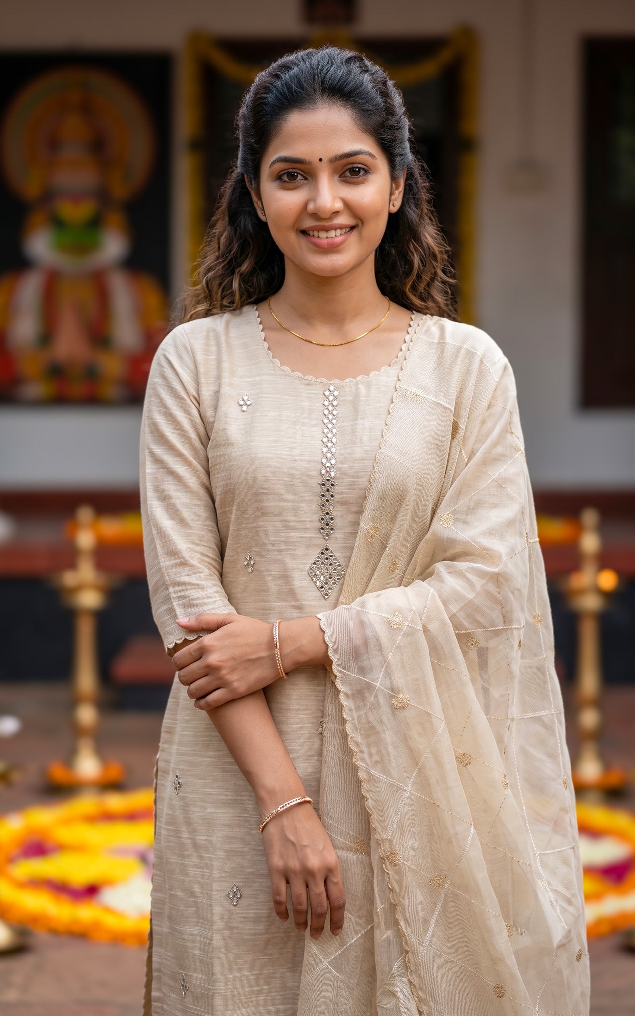 Beige Chanderi Onam Festive Wear Kurti Set for Women