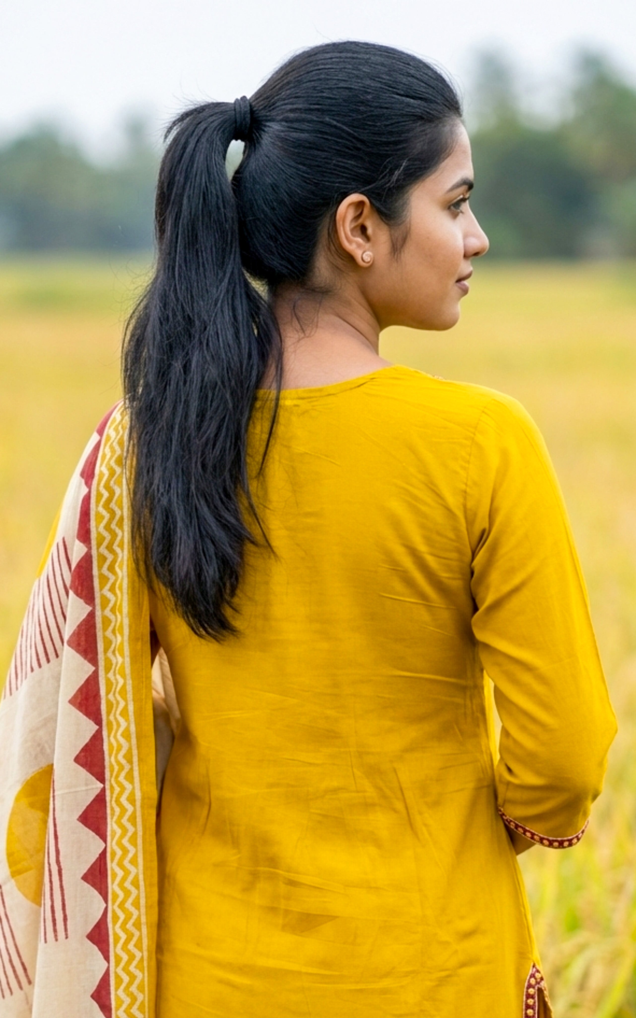 Instore - Mustard Cotton, V-Neck Embroidery Aline Kurti with Side Slit with Dupatta & Full Elastic Waistband Pant