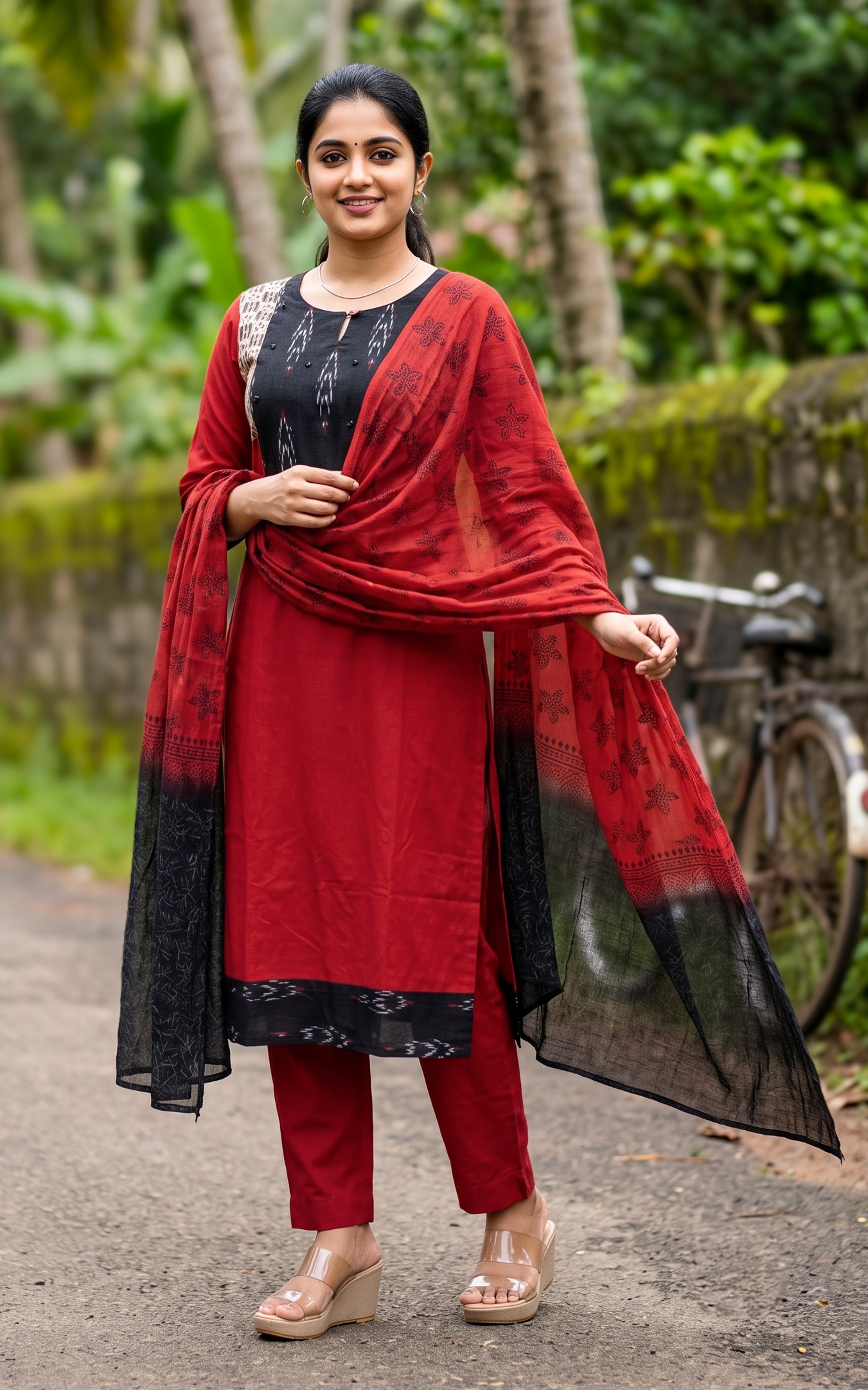 Brick Red Cotton Kurti Set with Dupatta for Women