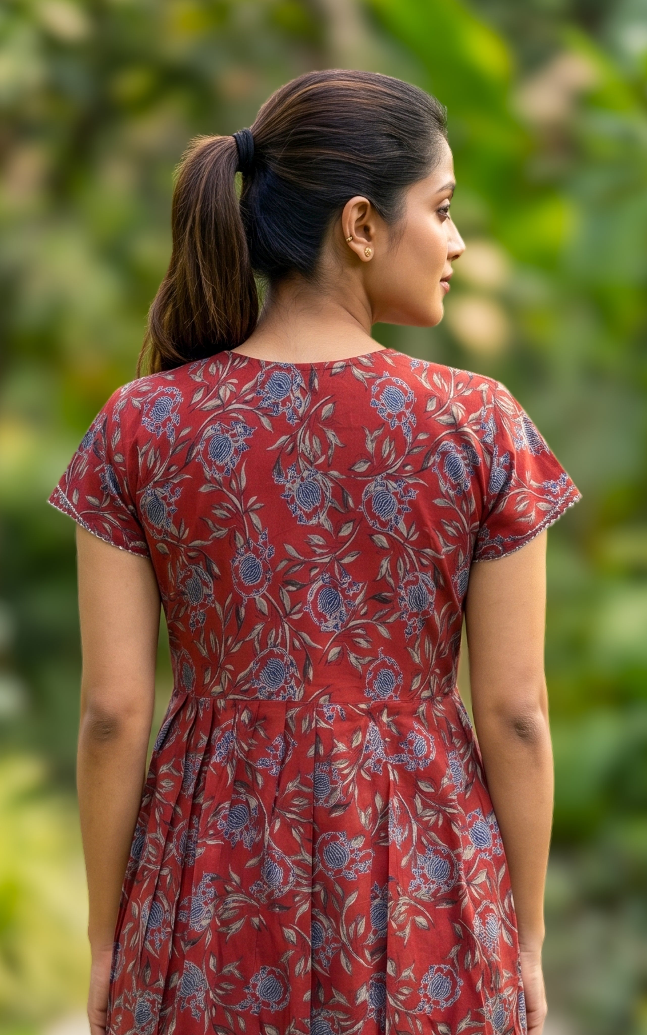 Instore - Maroon Floral Print Cotton A-line Long Nighty with Side Pocket, Relaxed Fit, Women's Sleepwear